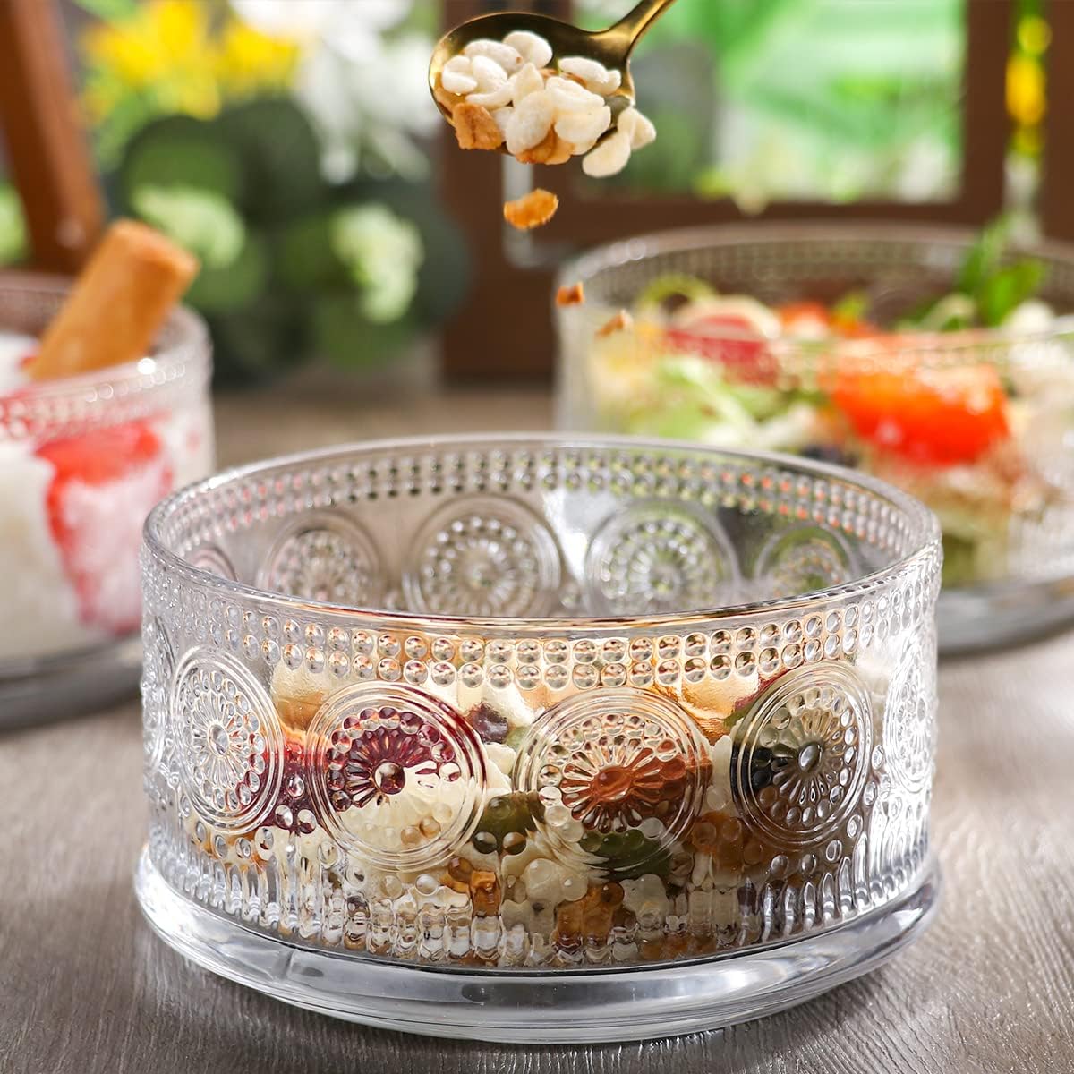 Glass Dessert Bowls, Serving Bowl with Gold Spoon Trifle Bowl Ice Cream Bowls For Dessert, Ice Cream, Cereal, Nuts, Pudding (Sunflower-Set of 2, 15.5oz)