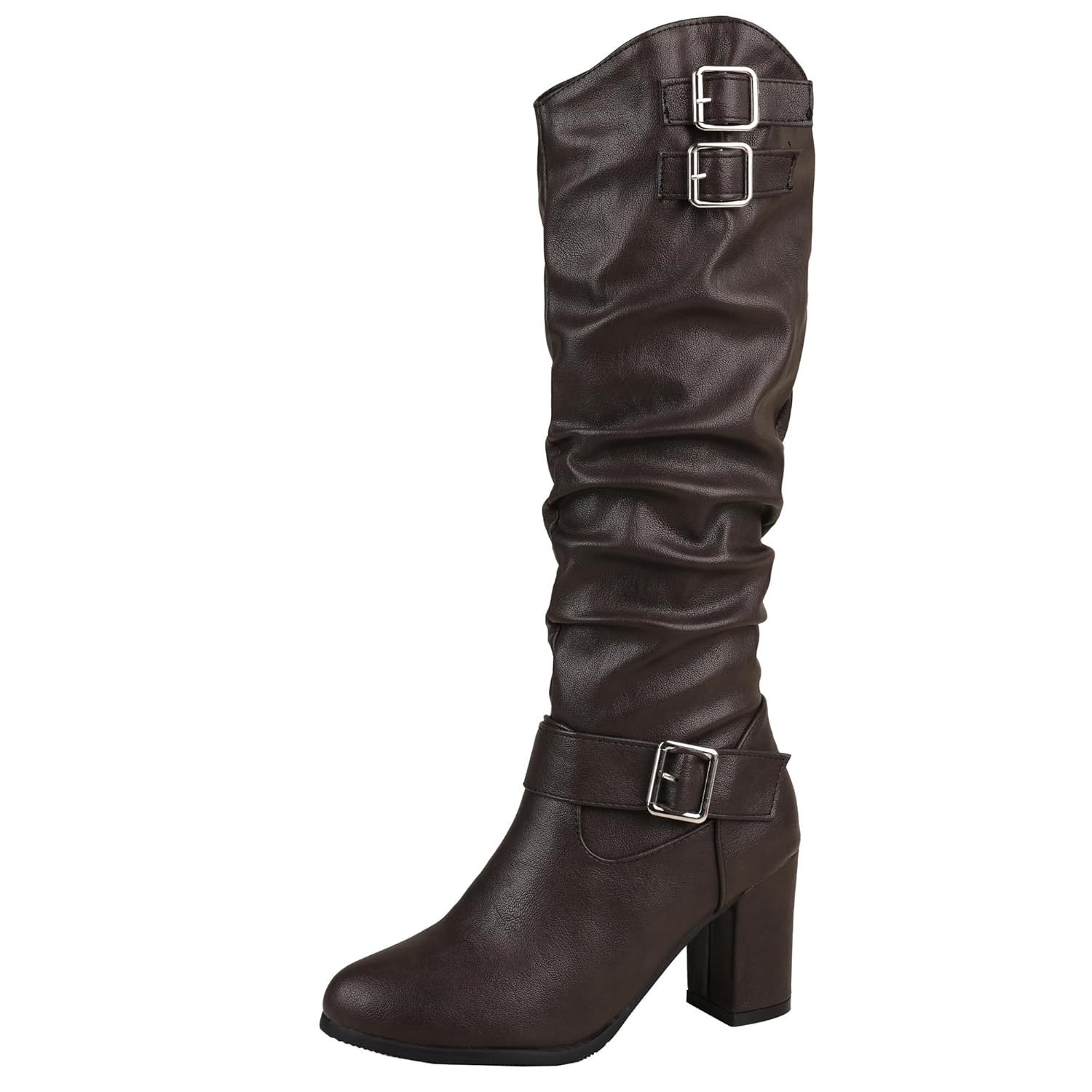 Womens Ankle Boots with Block Heel to the Knee Casual Slouch Boots with Metal Buckle Decoration and Side