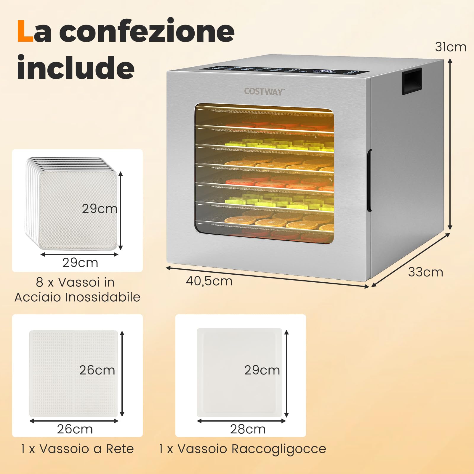 COSTWAY 850W Essiccatore Alimentare 8 Vassoi Acciaio Inox, Timer 48 Ore