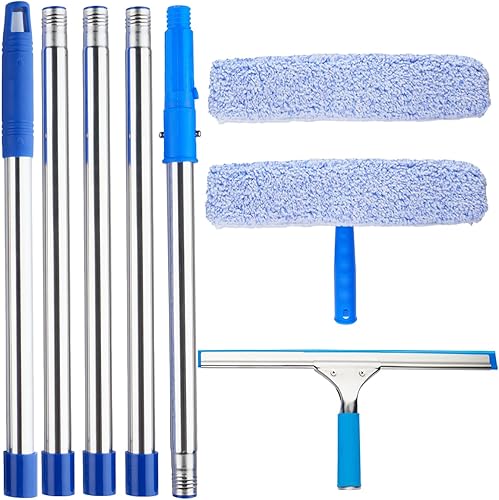 Escobilla de ventana de 72 pulgadas con poste de extensión, limpiador de microfibra de 14 pulgadas y escobilla de limpieza de ventanas de 16