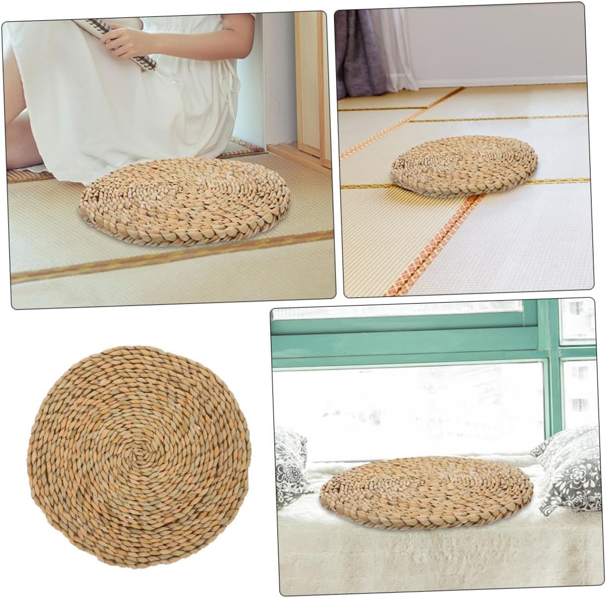 VOSAREA Woven Straw Cushion for Meditation 35x35CM Round Tatami Floor Pillow Outdoor Chair Cushion Handmade Yoga Seat Pad for Home and Garden