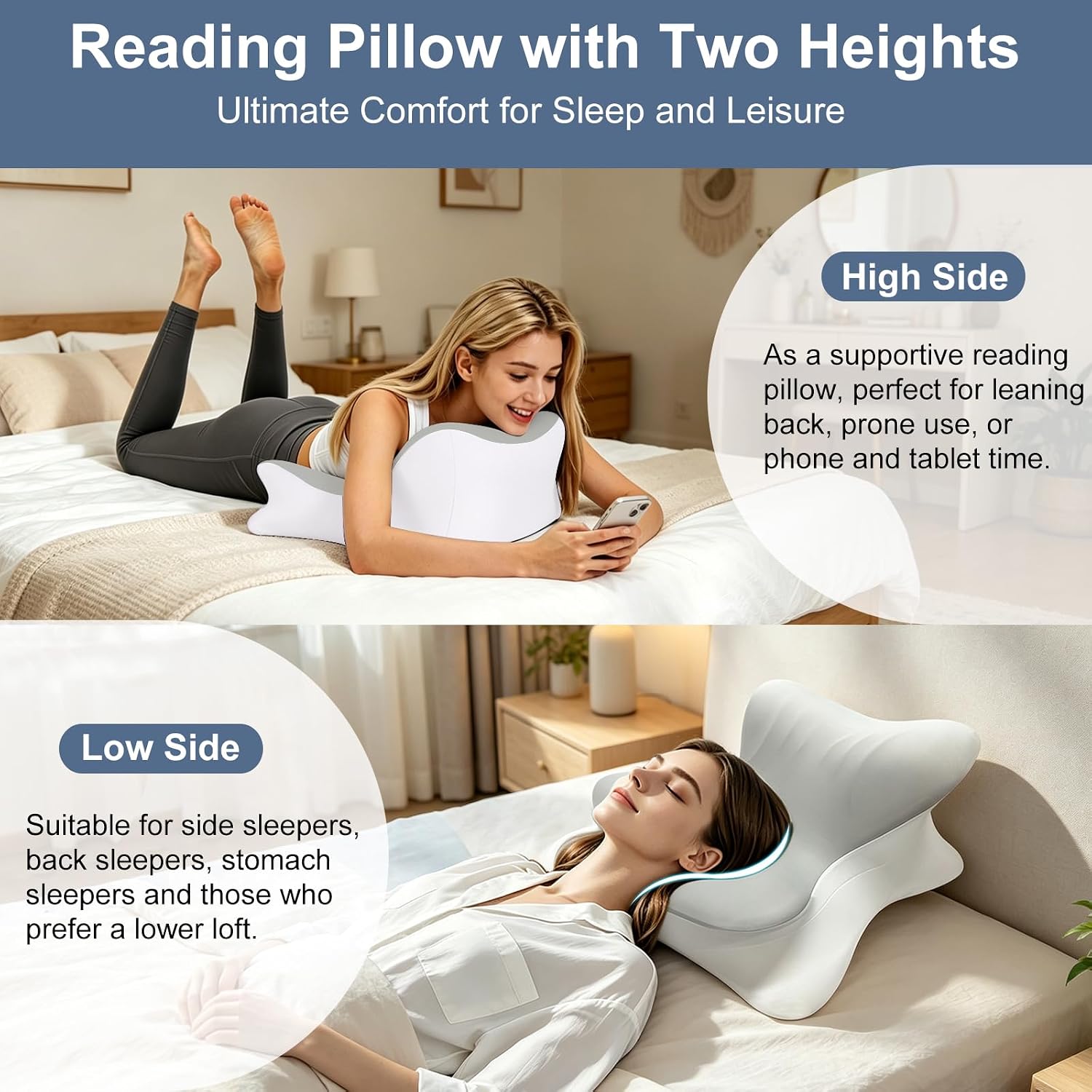 Cervical Neck Pillow for Pain Relief, Ergonomic Reading Pillow for Bed | Memory Foam Pillow, Orthopedic Contour Neck Pillow for Sleeping, Back Support Pillow for Couch Floor Lying, Leaning Reading