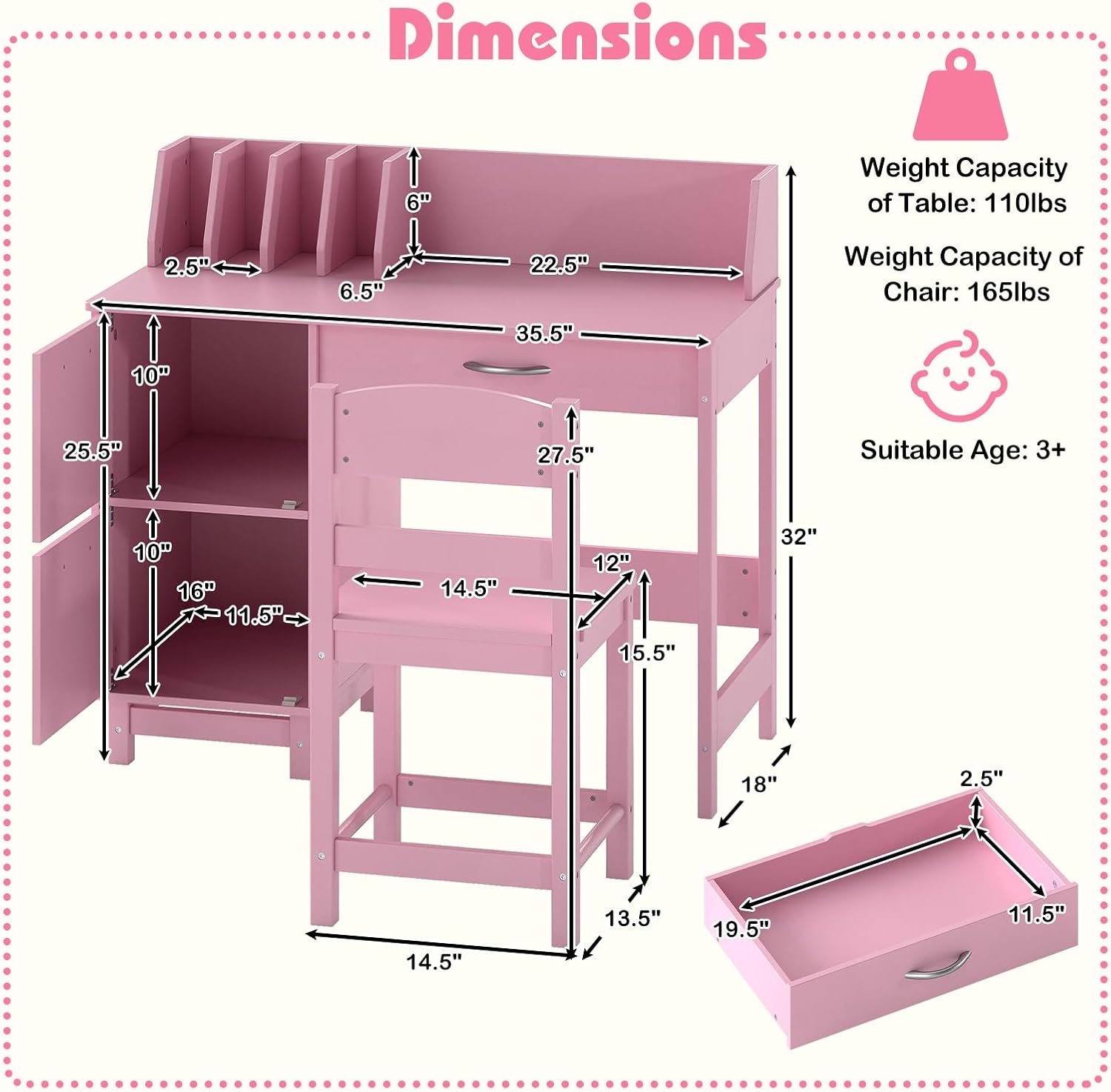 Costzon Kids Desk and Chair Set, Wooden Student Study Desk Set w/Hutch, Storage Drawer & Cabinets for 3-8 Years Old Child, Writing Computer Workstation for Bedroom School (Upgraded, Pink)