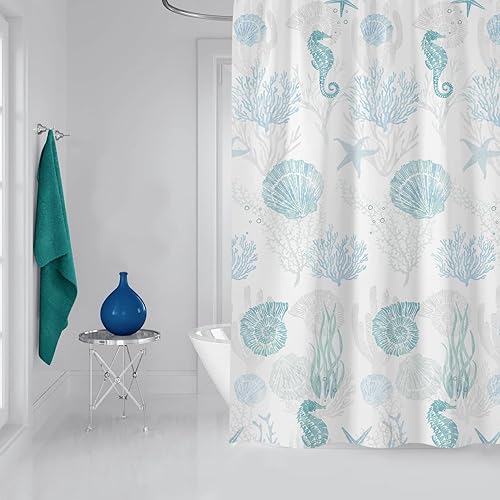 Miniatura 5 de zokyer Cortina de ducha de playa con temática náutica costera bajo el mar, conchas marinas, coral tropical, estrellas de mar, caballito de mar, azul