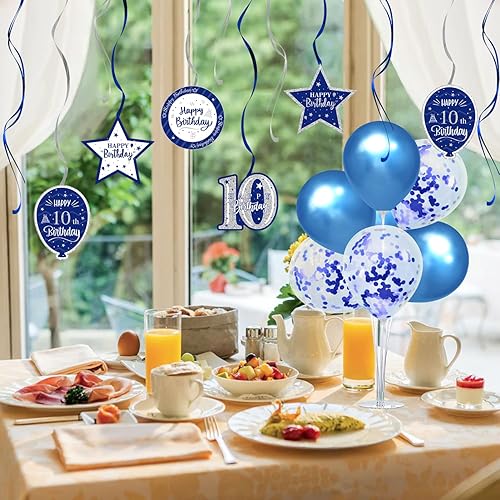Miniatura 8 de Juego de decoraciones para fiesta de cumpleaños de 15 años, serpentinas azules con soporte de globo de mesa azul, decoraciones de fiesta de