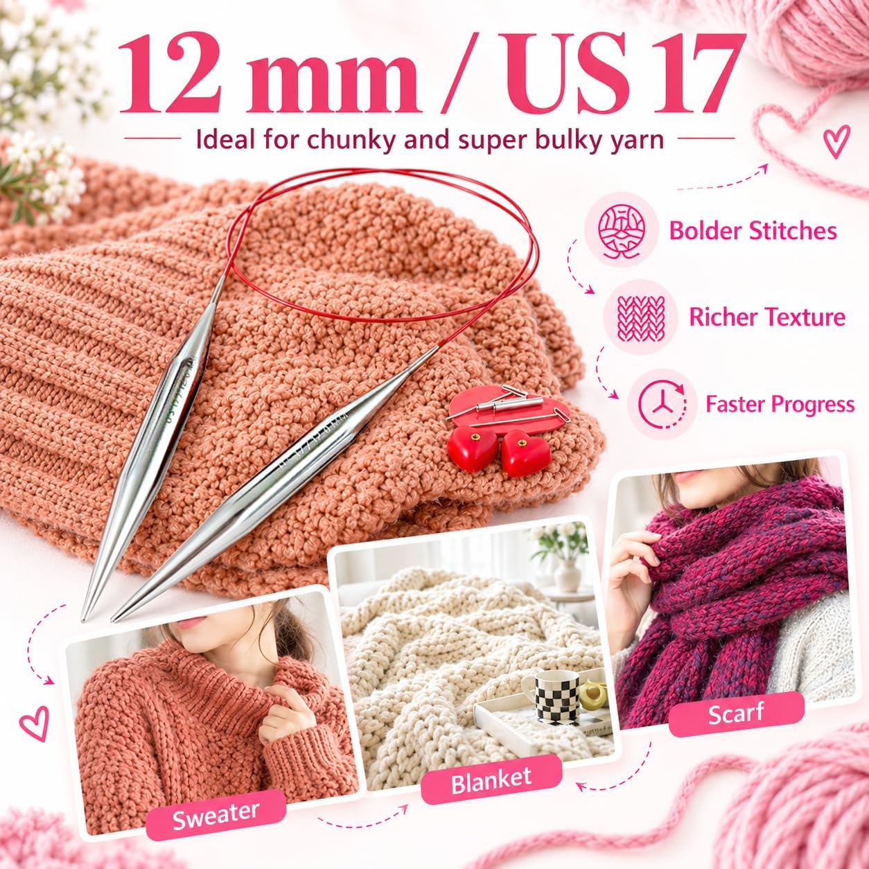 Interchangeable Circular Knitting Needles Set,12 Pairs US 4–17 (3.5–12mm), 4.53-Inch Aluminum Tips with 4 Cables, End Caps, Connectors, Tightening Keys and Storage Case
