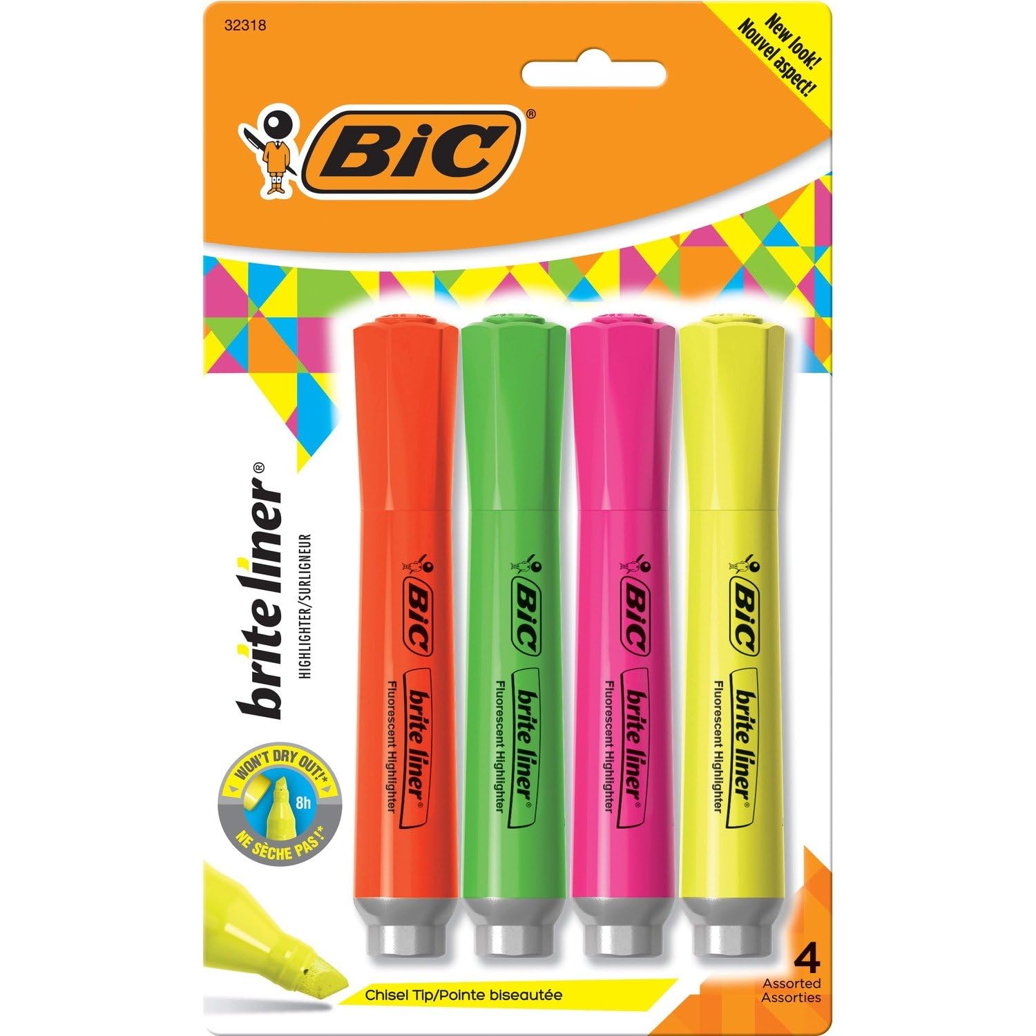 BIC America BLMGP41ASST Brite Liner Grip XL - Marcador fluorescente, punta biselada, 4 unidades