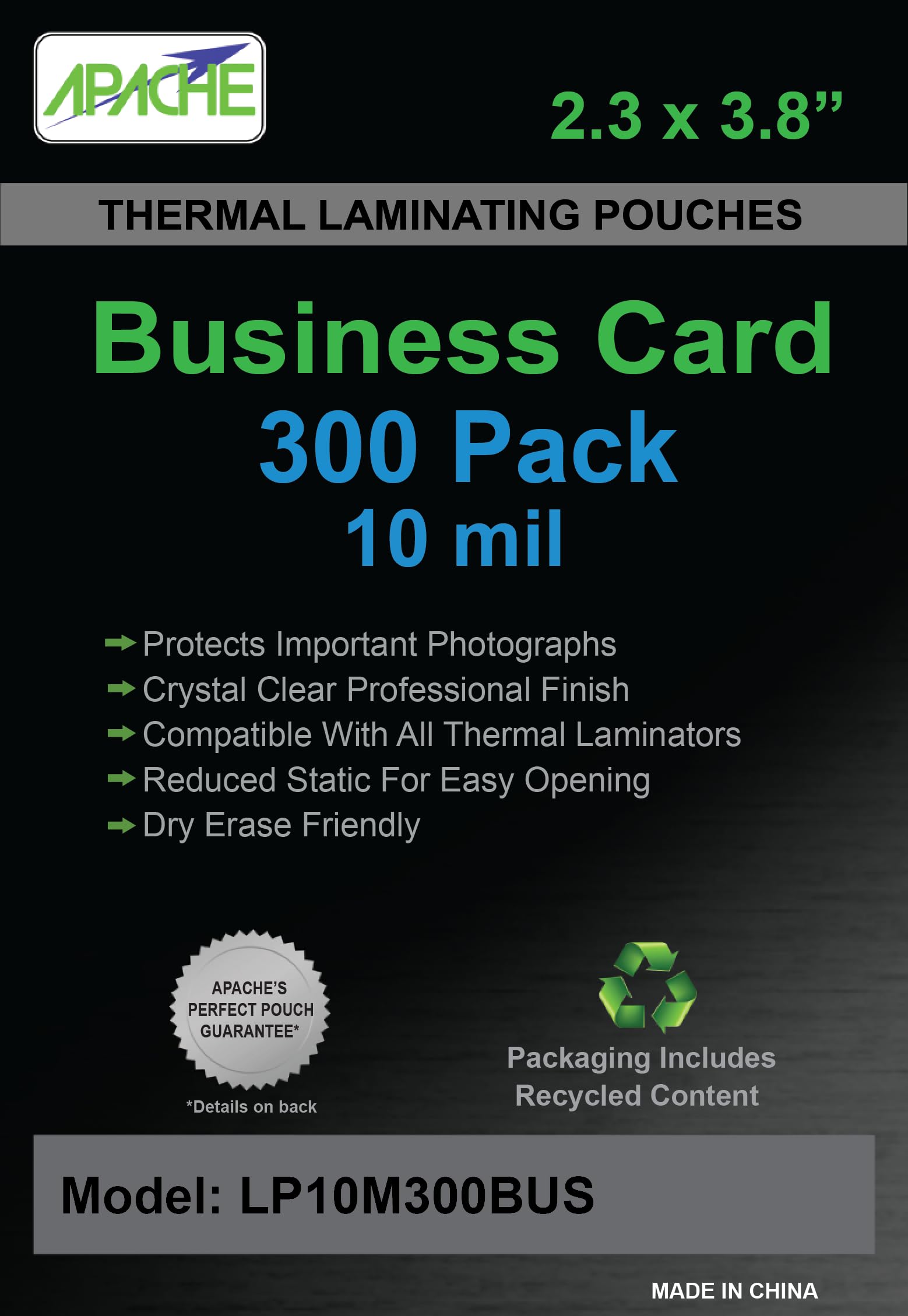 Apache Business Card Laminating Pouches 10mil 2-1/4 x 3-3/4 300 Pack