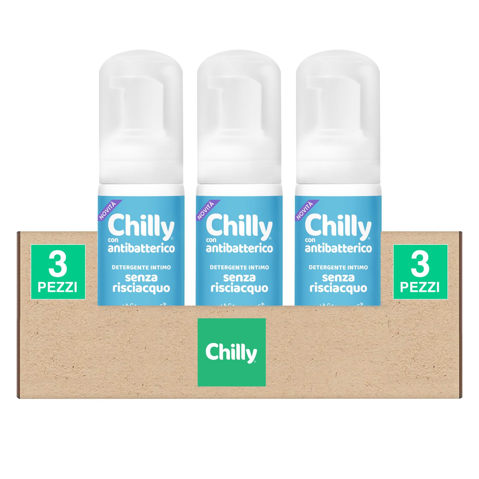 Chilly Antibatterico Detergente Intimo in Mousse Senza Risciacquo Azione Protettiva e Anti-Odore con Timo e Salvia Igiene Rapida pH 5 Uso Quotidiano Ginecologicamente Testato - 3 Flaconi da 100ml