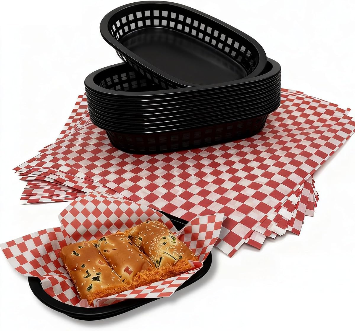 Plastic Fast Food Baskets with Paper Liners, 10.4×6.3 in Black Baskets & 12×12 in Red Liners, Set of 10 Baskets & 100 Sheets for Burgers, Fries, Sandwiches, Parties, BBQ & Birthday