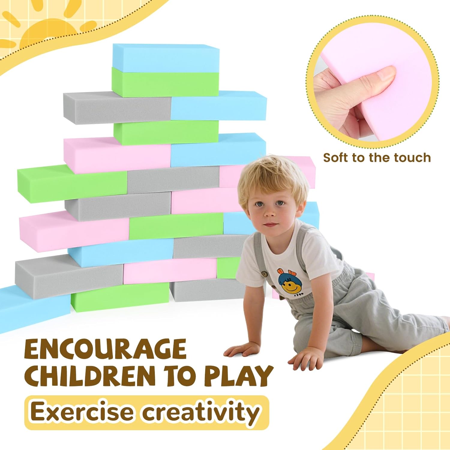 Foam Building Blocks for Toddlers 48 PCS Soft Stacking Block Set for Kids, Colorful Foam Bricks for Sensory Play, Protective Gymnastics Blocks - 8" x 4" x 2"