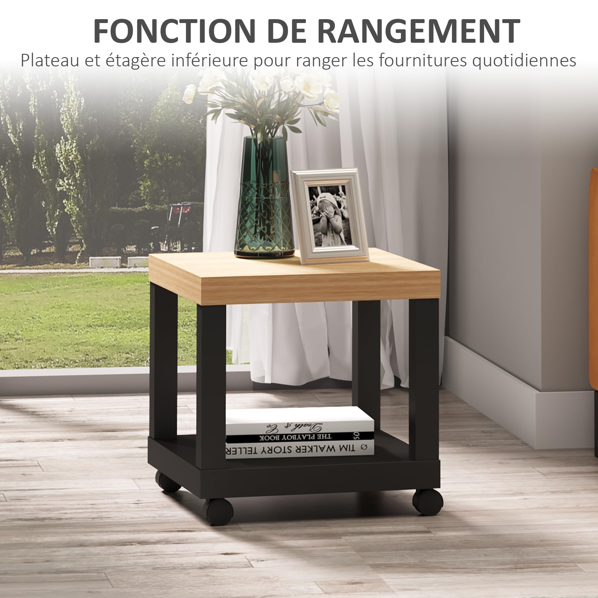 HOMCOM Table d'Appoint Roulante, Table Basse Moderne avec Étagère Ouverte, pour Salon, Chambre ou Bureau, 40 x 40 x 40 cm, Bois Naturel & Noir