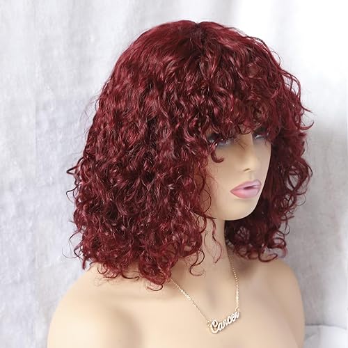 Miniatura 2 de IMAYLI Pelucas de cabello humano con flequillo, peluca de cabello humano rizado de densidad 200, pelucas cortas ombré, peluca rizada profunda con