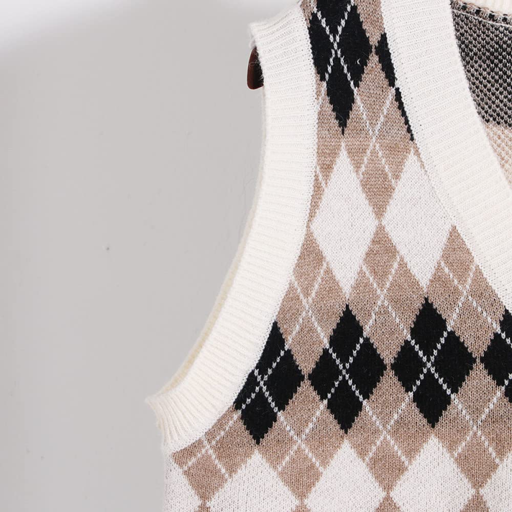 Maglione Gilet Donna,Gilet Lavorati A Maglia da Donna Maglioni Slim Pullover Vintage A Rombi Beige con Scollo A V Gilet in Maglia Stile College Caldo Maglioni Invernali Senza Maniche Canotta