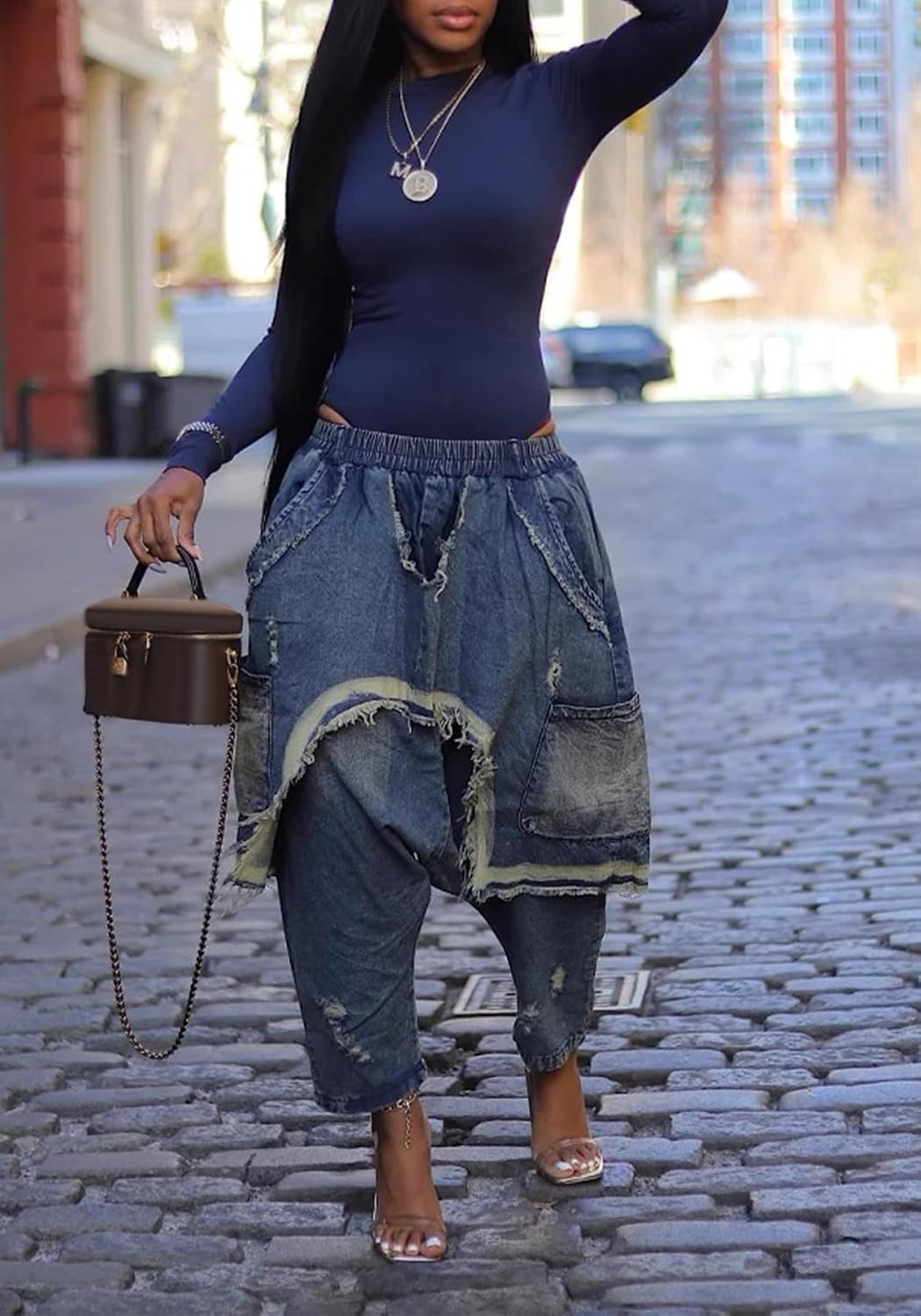 Unybwonn Womens Harem Jeans Baggy Cargo Hippie Patchwork Denim Pants Casual Elastic Waist Wide Leg Jogger Trousers - Image 3