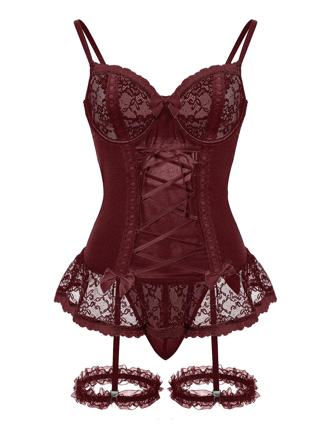 GXNRHG Corsé de Malla Sexy con Volantes y Encaje con Aros, Liguero Transparente, picardías, Conjunto de lencería con Tanga, 3 Piezas