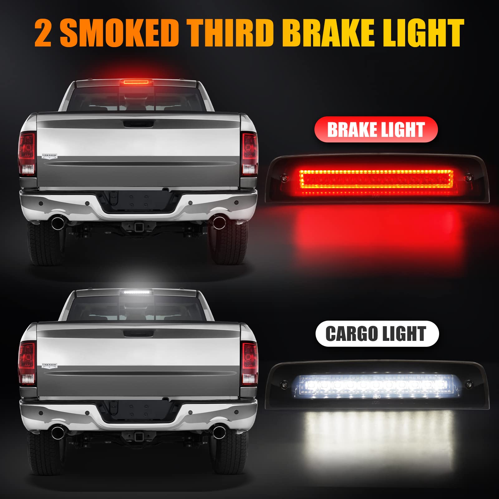 CAFOPAR LED Third Brake Light fit for 2009-2018 Ram 1500 2500 3500, 3rd Third Brake Light Smoked Lens, Strobe Rear Red High Mount Stop Lamp White Cargo Light