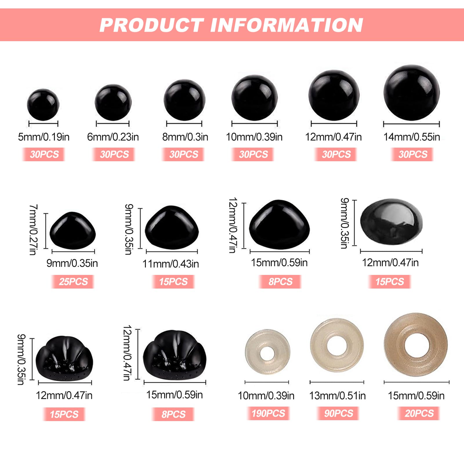 YYTOL Safety Eyes for Crochet Toys 566 Pcs Crochet Plastic Safety eyes Toy Teddy Bear Doll Eye and Nose for Knitted Stuffed Toys 5-14mm - Image 2