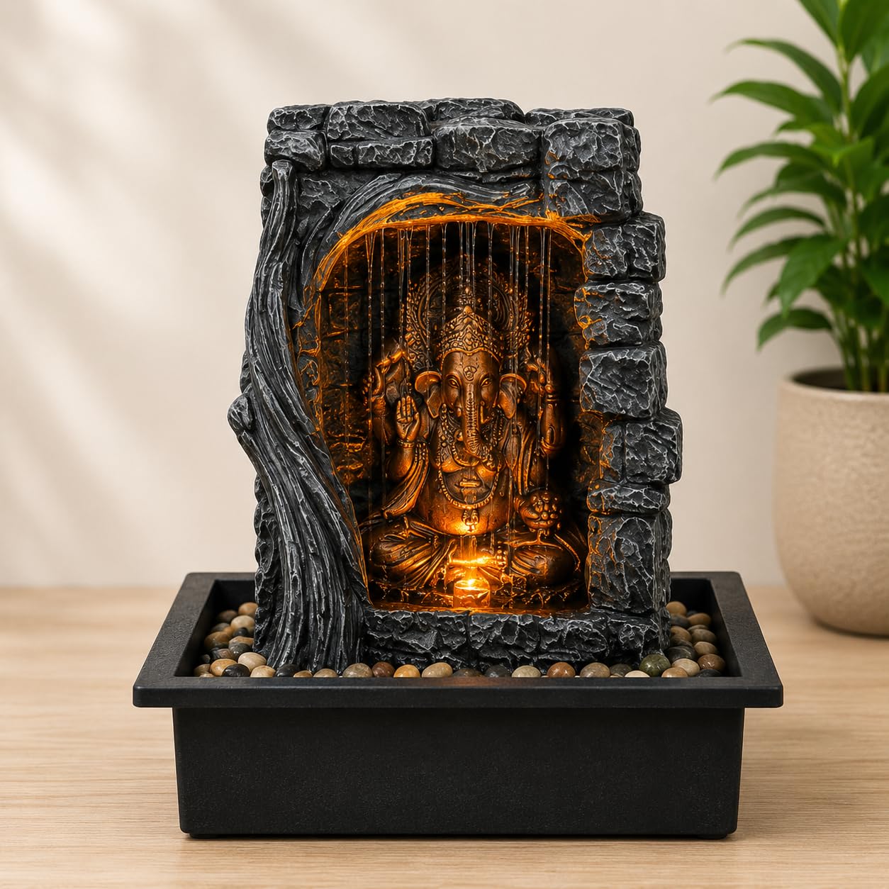 Ganesha Indoor Water Fountain with LED Light and Pebbles | Home Decor, Meditation Use, Pooja Room Decor, 4-Tier Bowl Design, Pebble Base-image-45