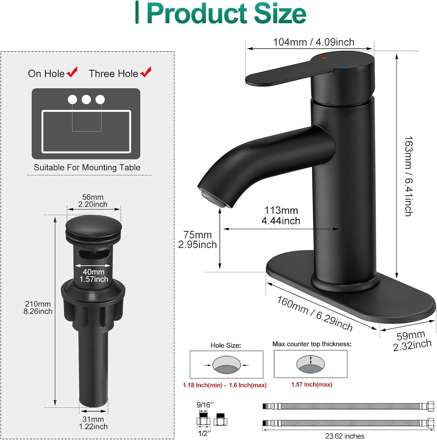 VOTON Matte Black Bathroom Sink Faucet, Single Handle Stainless Steel for 1 or 3 Hole Faucet for Bathroom Sink with Deck, Pop-up Drain and Supply Hoses