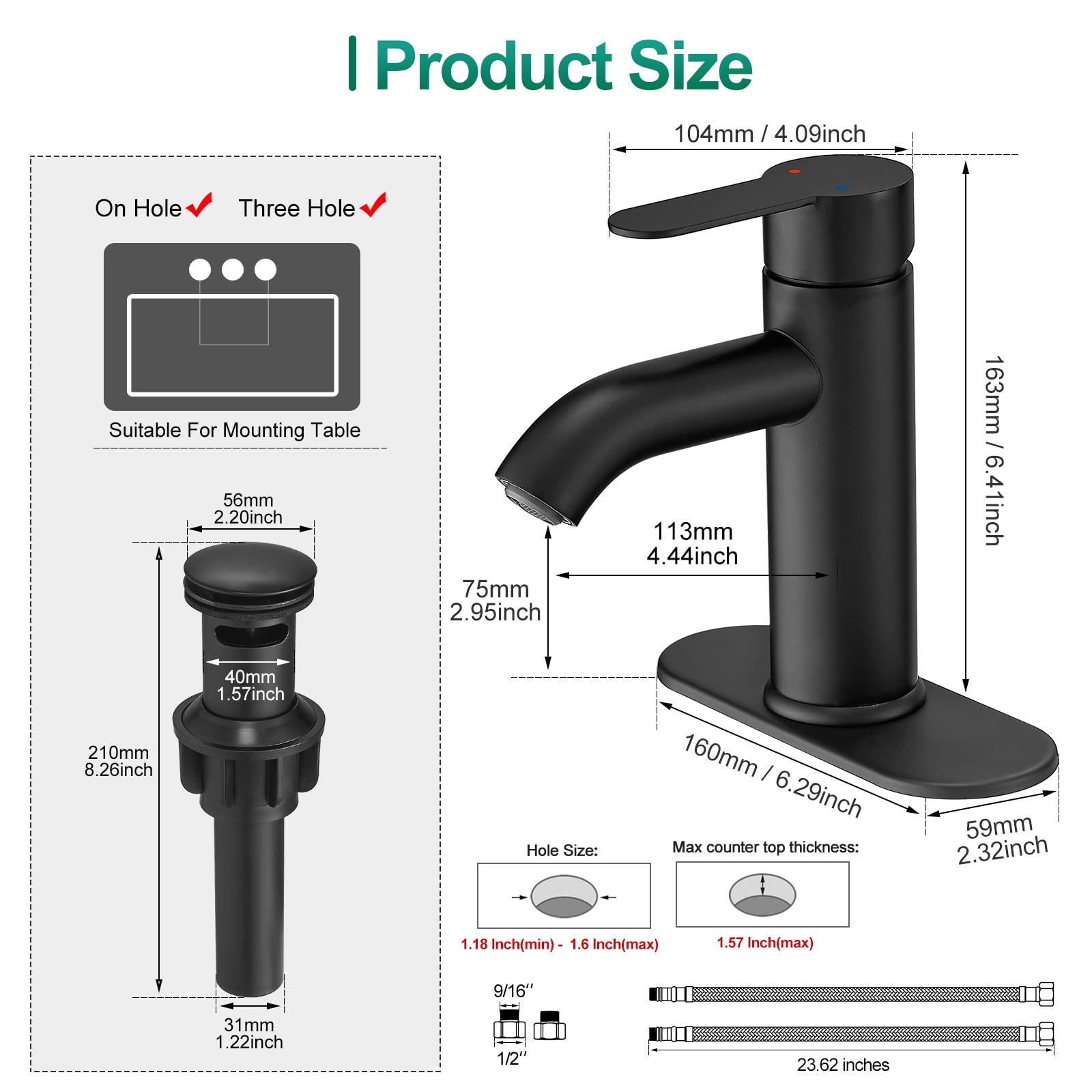 Grifo de Lavabo de baño Negro Mate, Monomando de Acero Inoxidable para lavabos de 1 o 3 Orificios con encimera, desagüe emergente y mangueras de Suministro.