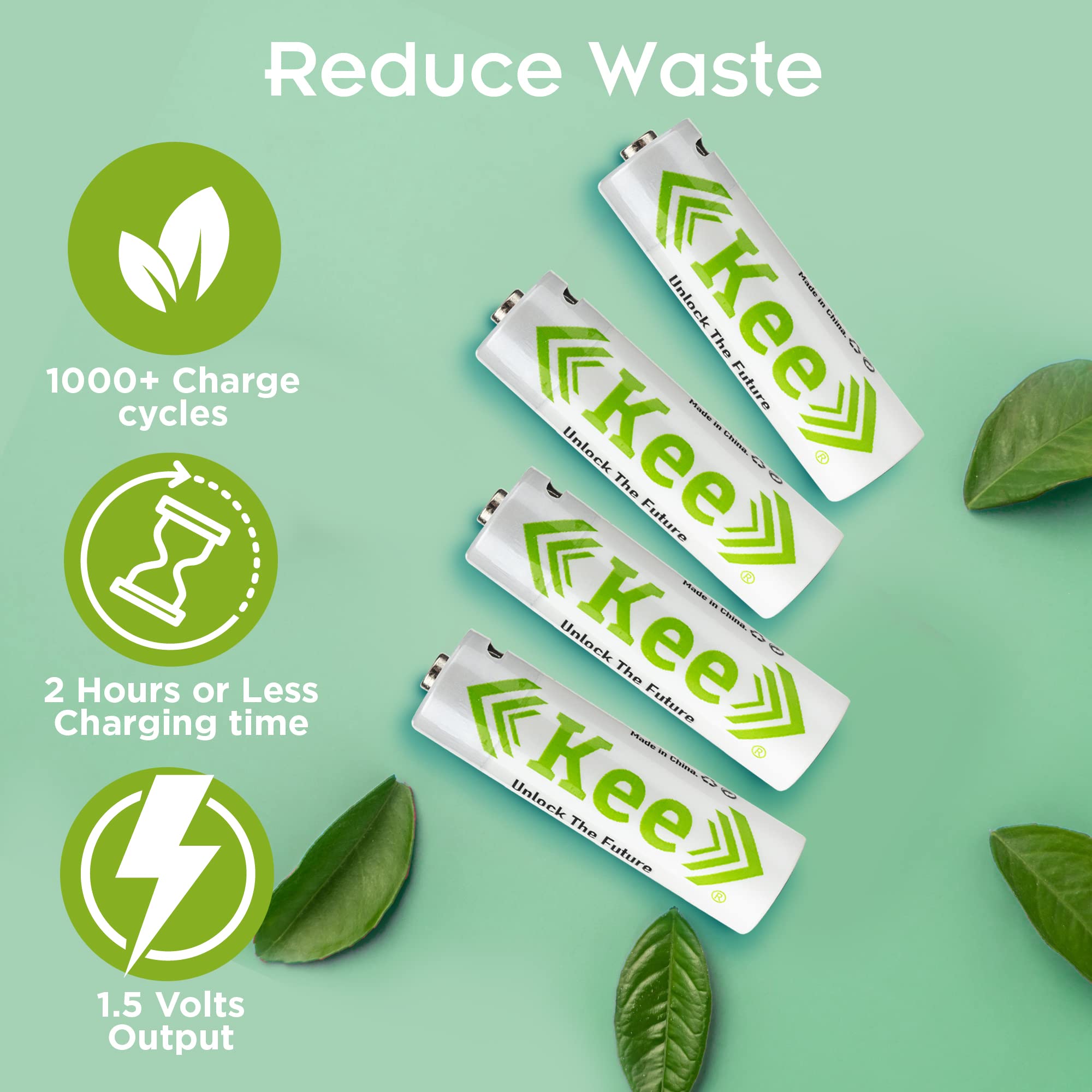 Kee AA USB Lithium-Ion Rechargeable Batteries 4-Pack, Charges in 2 Hours or Less, Over 1000 Charge Cycles, 4-to-1 USB to Micro USB Charging Cable, Fast, Easy & Convenient, LED Charge Indicator