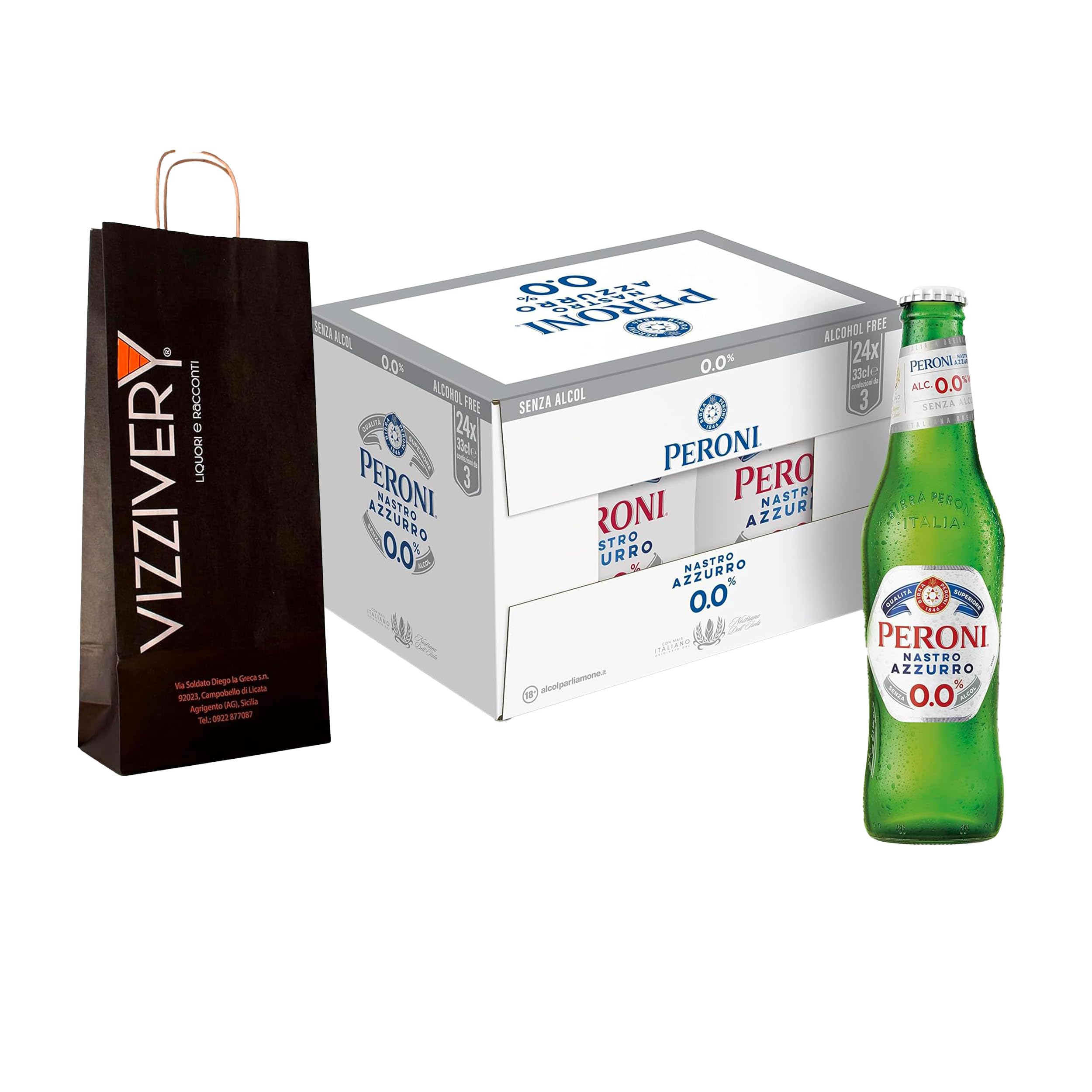 BIRRA PERONI - Peroni Bier – Karton mit 24 Flaschen Peroni-Bier 0,0% alkoholfrei – Mit Vizzivery-Umschlag - 24 Glasflaschen 33 cl