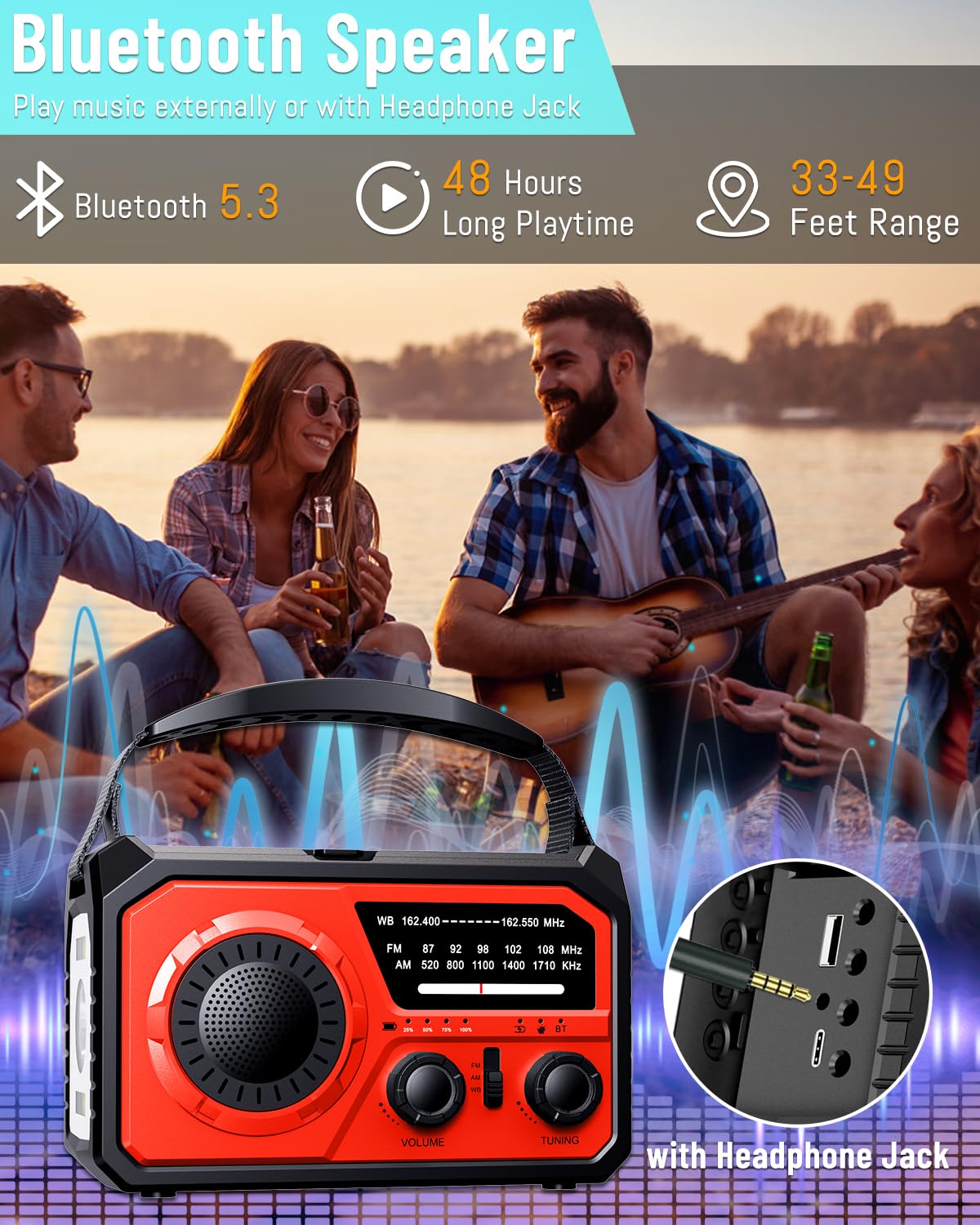 16000mAh Notfall-Wetterradio, NOAA/AM/FM Solar Handkurbel Radio | Typ-C Wiederaufladbar mit Powerbank, SOS-Alarm, Leselampe & 3-Modi-Taschenlampe für Camping, Sturm & Überleben, Rot