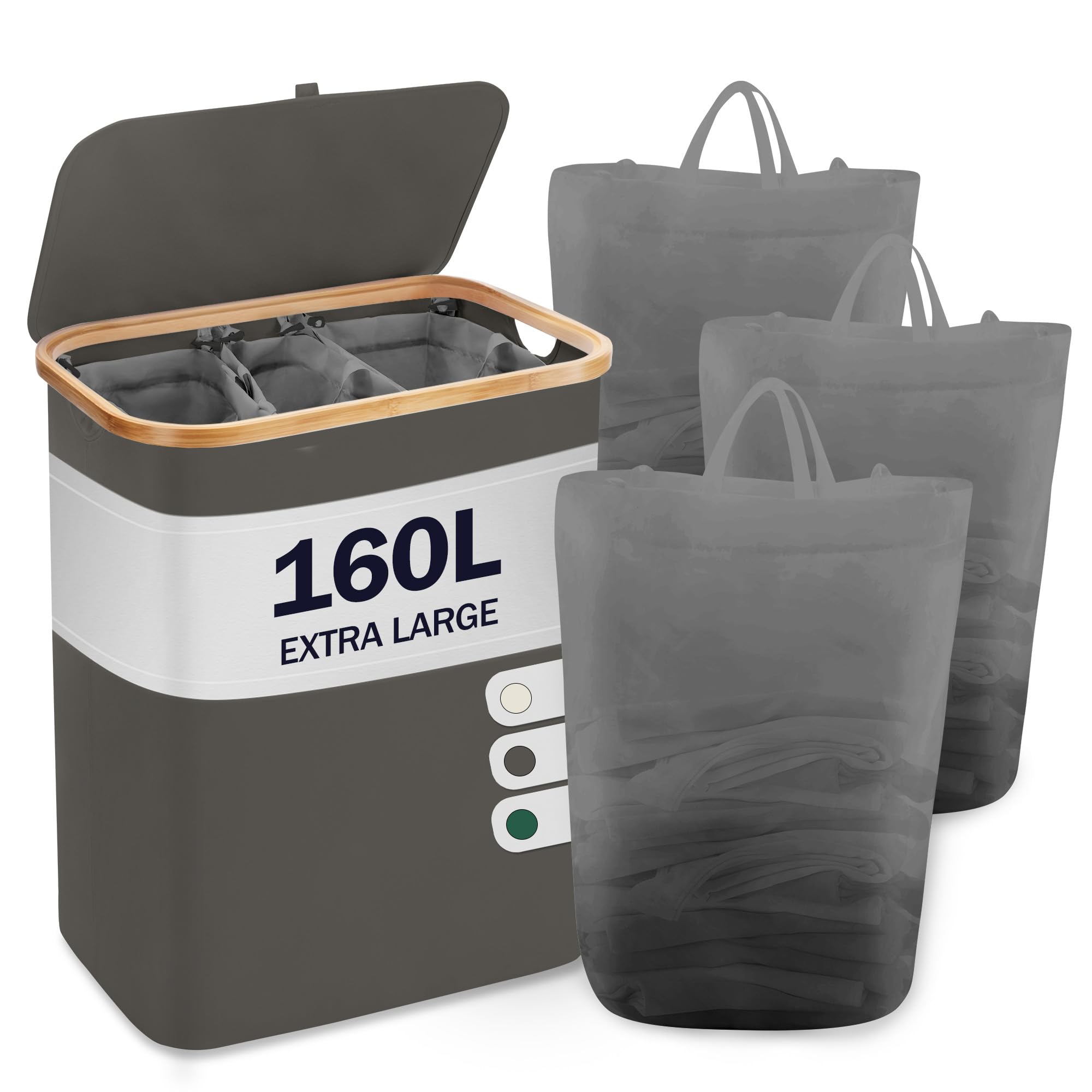 YOUDENOVA Wäschekorb mit Deckel 3 Fächer 160L Wäschesammler mit 3 Wäschesäcke Groß faltbarer Wäschesortierer Holz Bambus Wäschetruhe hoch Laundry Baskets, Dunkelgrau