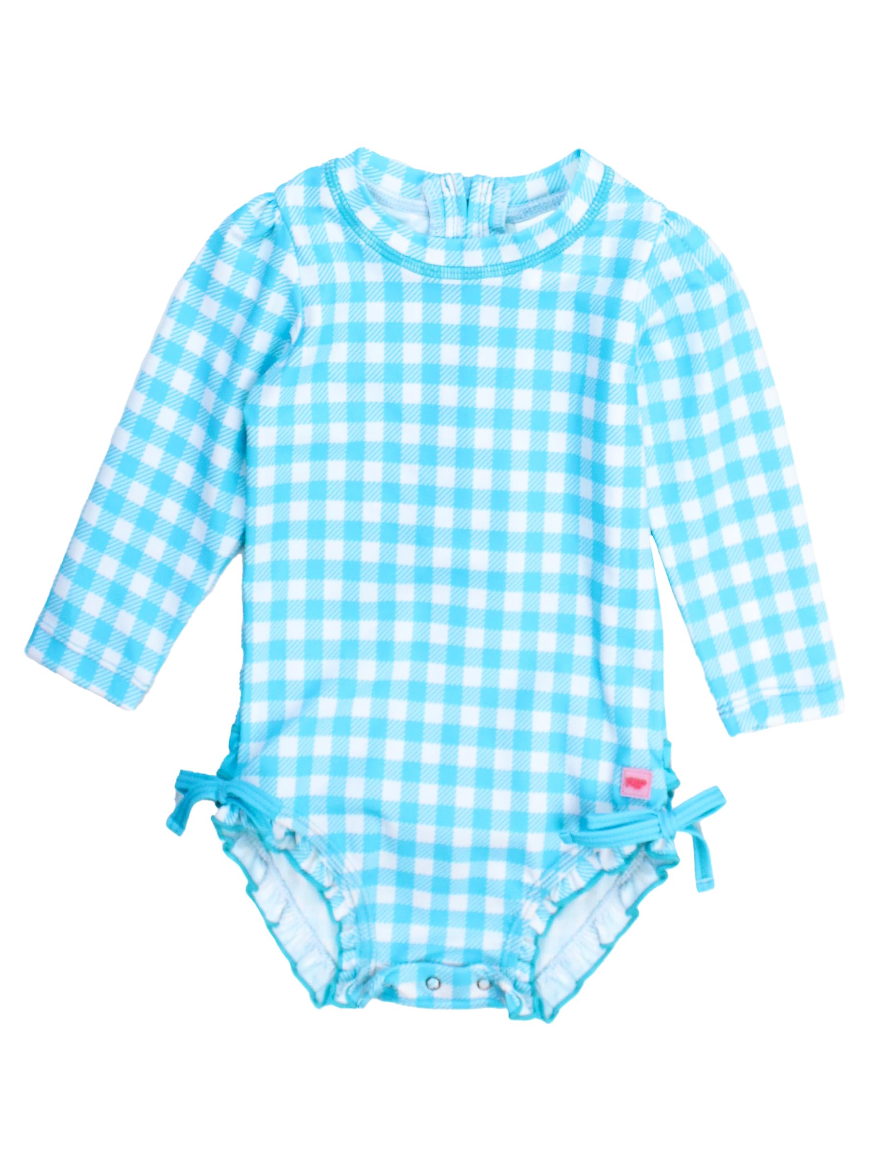 RuffleButts Baby Girls UPF 50+ Sun Protection Gingham Printed Long Sleeve One Piece Rash Guard Swimsuit with Zipper