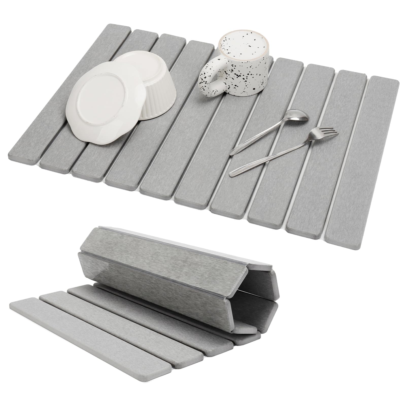 Bourske Large Stone Dish Drying Mat for Kitchen Counter, 60×39cm Eco-Friendly,Instant Pad,Diatomaceous Earth Water Absorbing Mat, Foldable and Quick Dish Drying Stone Mat, Light Gray