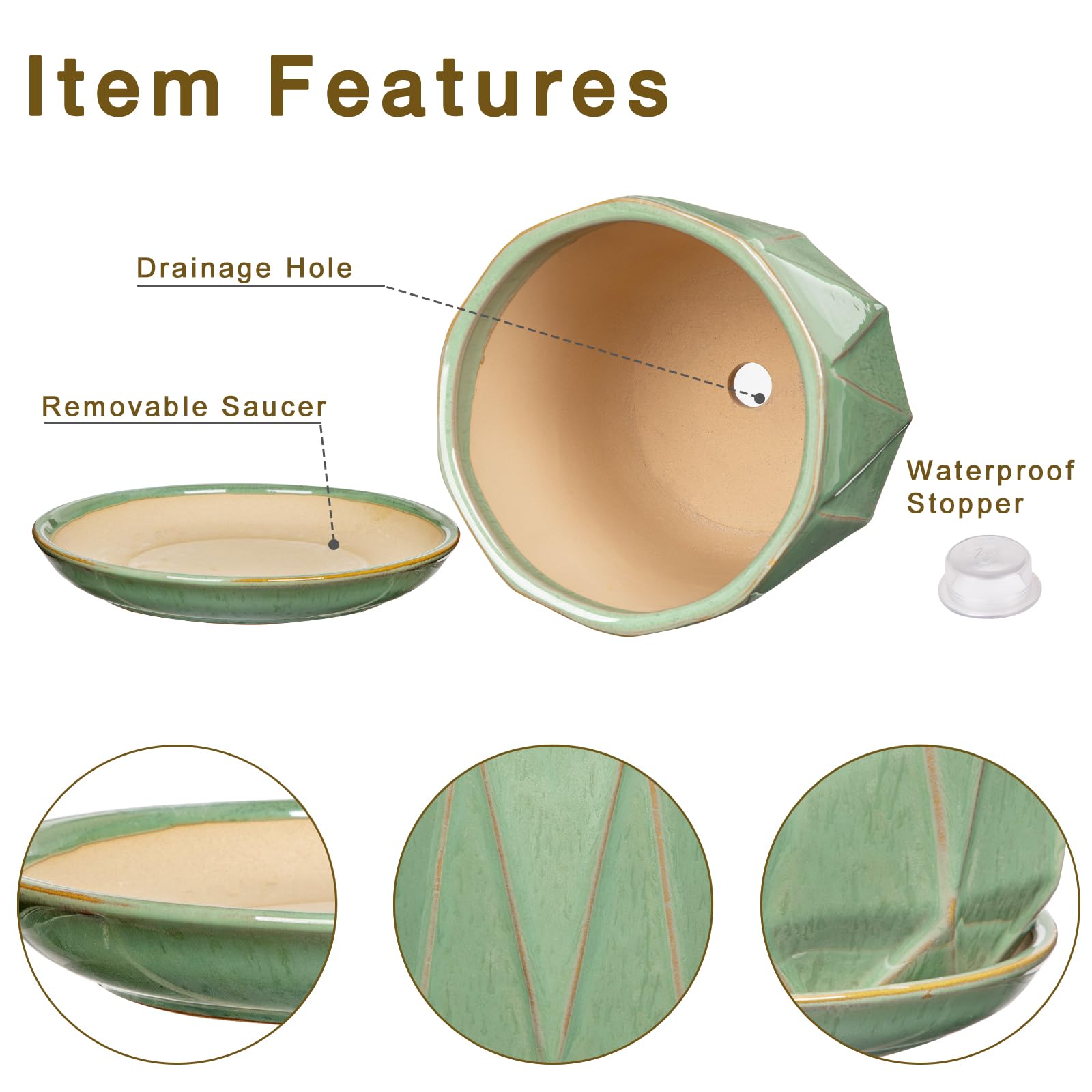 Oairse Macetas de cerámica para plantas, macetas de 8 + 6 pulgadas con agujeros de drenaje y platillos, macetas grandes de cerámica verde, maceta decorativa para plantas de interior y exterior