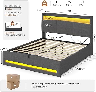 AOGLLATI Ottoman Bed King Size 150x200, 5ft King Size Bed Frame, Dark Grey