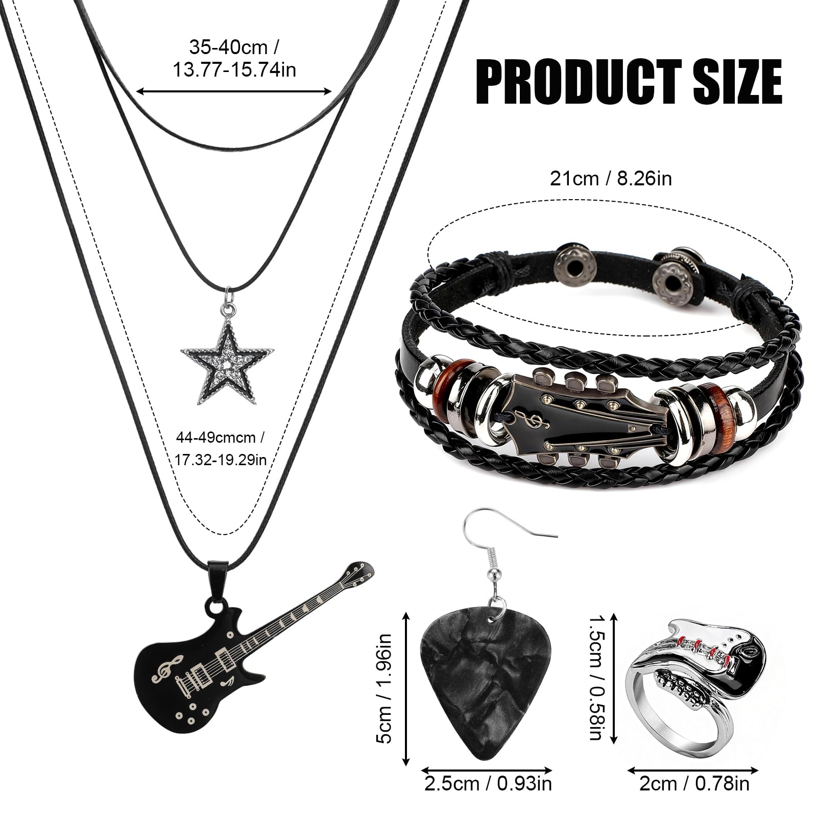 MWOOT Zestaw Biżuterii Punk Music, Warstwowa Kołczyki z Gwiazdą i Gitara Y2K, Retro Skórzany Bransoletka, Pierścionek Punk Rock, Wisiorki z Plektronem do Gitary, Gotyckie Akcesoria na Koncerty