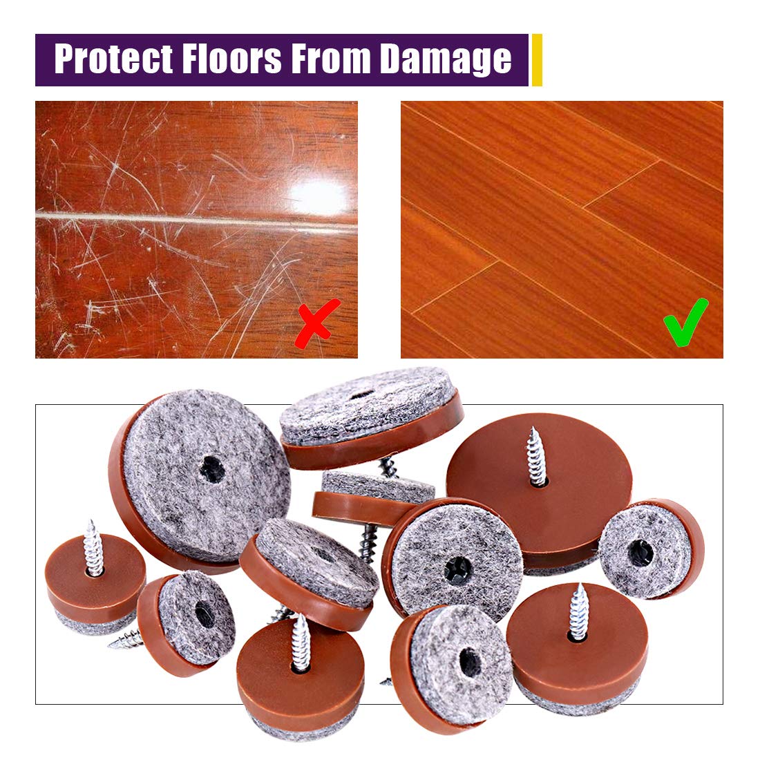 Swpeet 72Pcs Brown Furniture Felt Pads Assortment Kit Non Slip Furniture Pads with Screw-on Felt Pad Furniture Slider — view 5