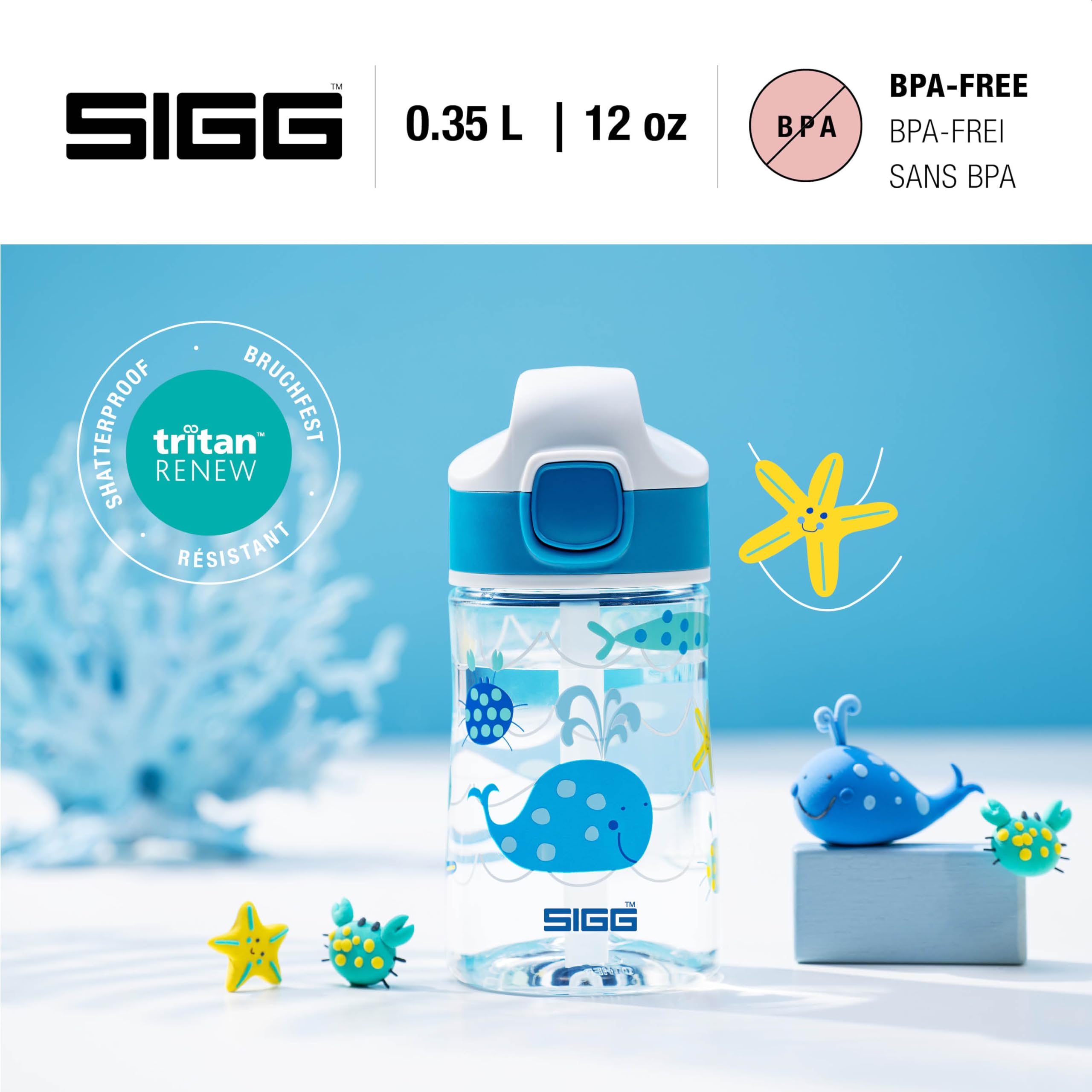 SIGG Miracle Ocean Friend Kids Drinks Bottle (0.35 L), Tritan Kids Water Bottle with Leak-Proof Lid, One Hand Children's Drink Bottle with Straw