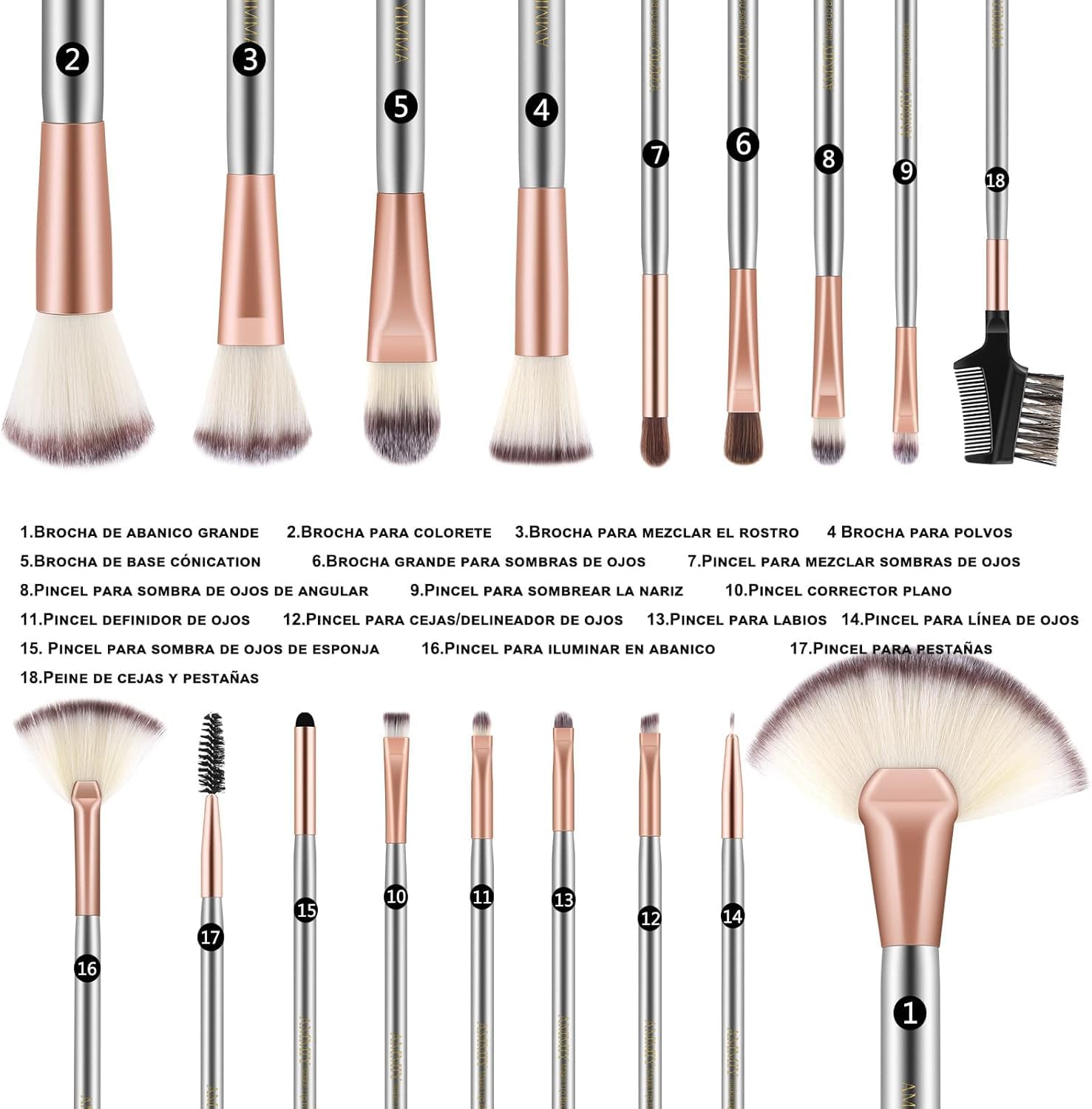Brochas de Maquillaje Profesional, Champagne Set Brochas Maquillaje，Suaves y Duraderas Pinceles Maquillaje Para Base, brocha colorete de Ojos Poder Facia【18 Piezas +Bolsa Plegable