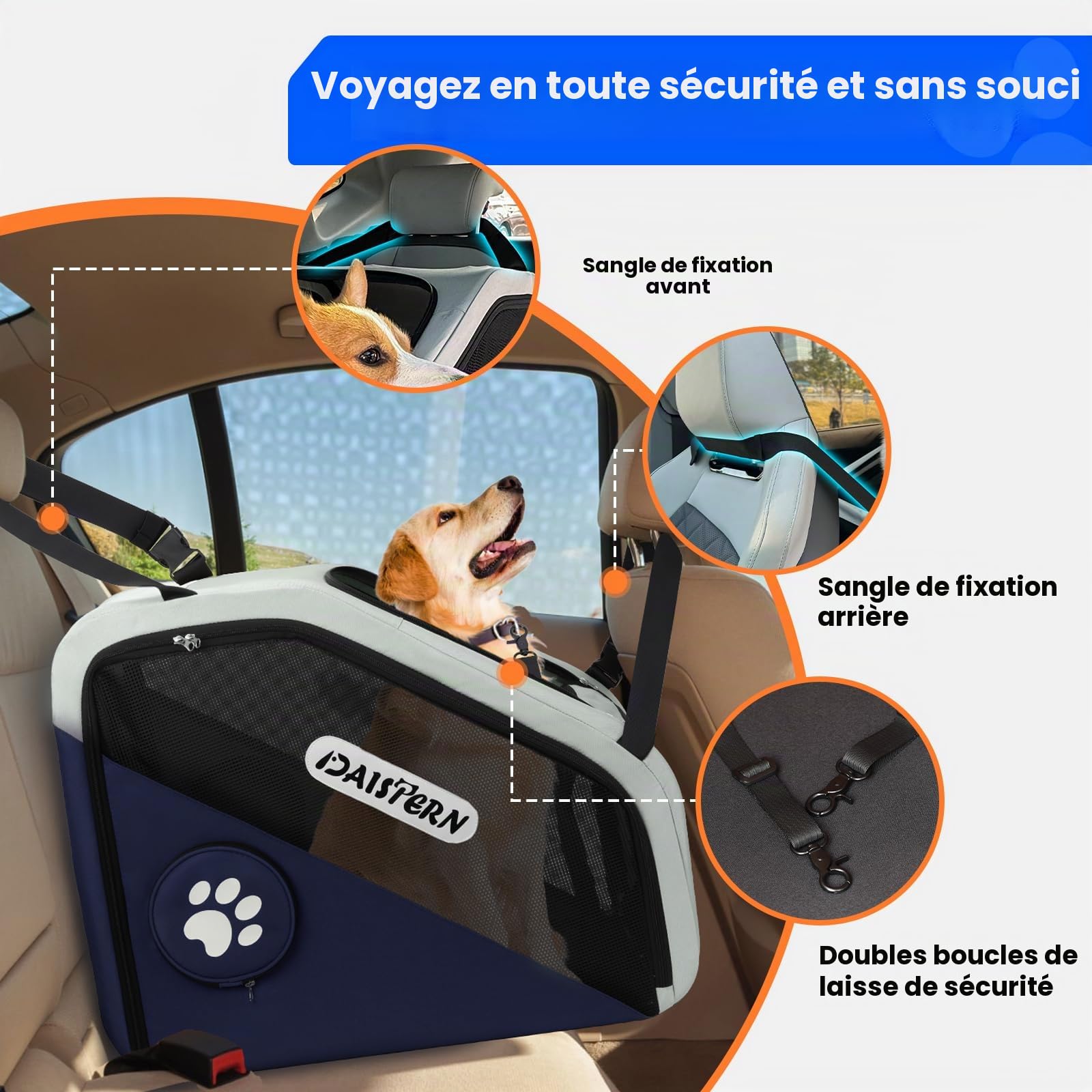 Cage de Transport Chien Pliable pour Voiture, Caisse de Voyage Souple pour Petits et Moyens Chiens, Cadre Métal Robuste, Fenêtres Maille Respirantes, Pliage Rapide, Bleu