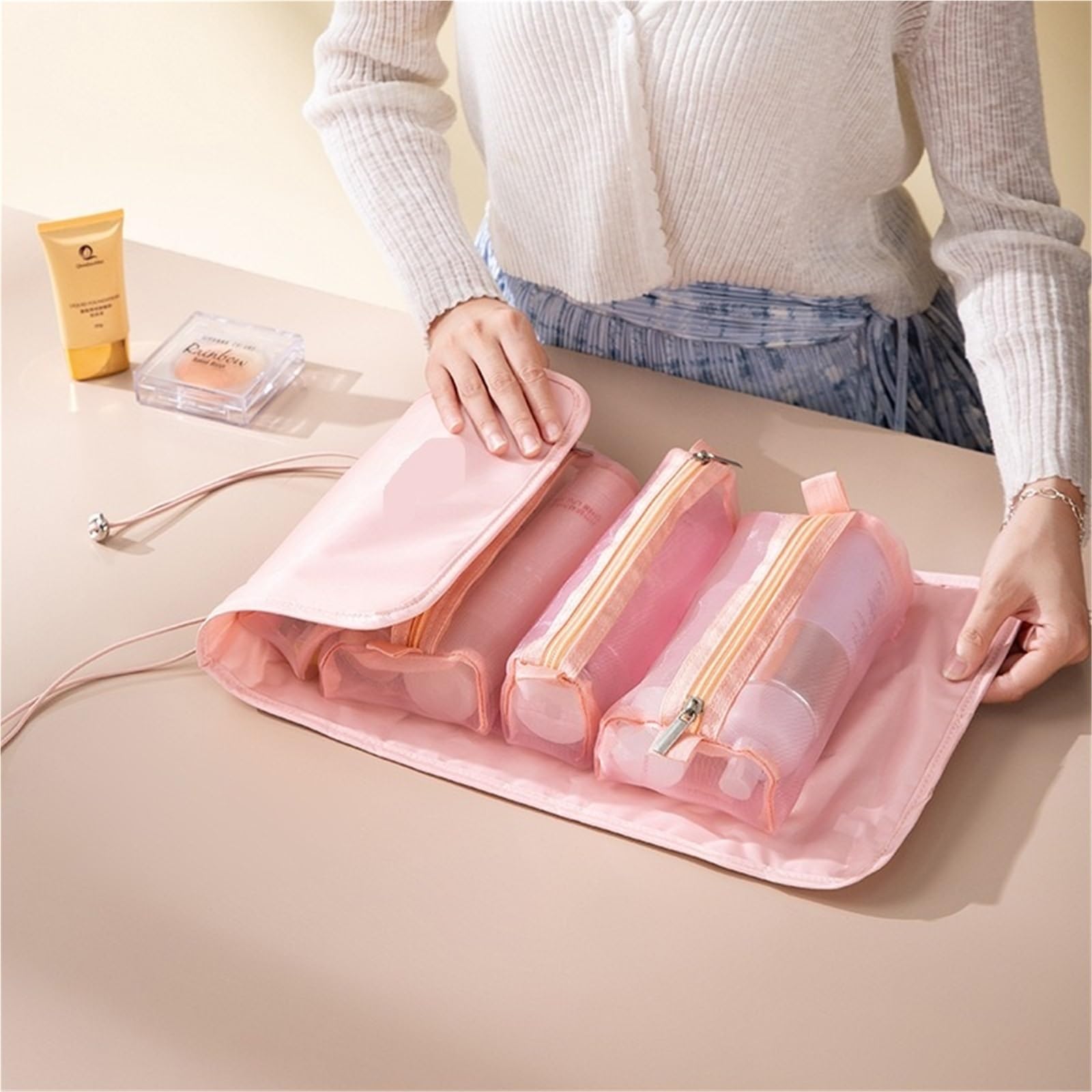 1 Uds Bolsa de cosméticos Desmontable portátil Gran Capacidad 4 en Bolsas Maquillaje Plegable Viaje Almacenamiento Aseo para Viajar(Green)