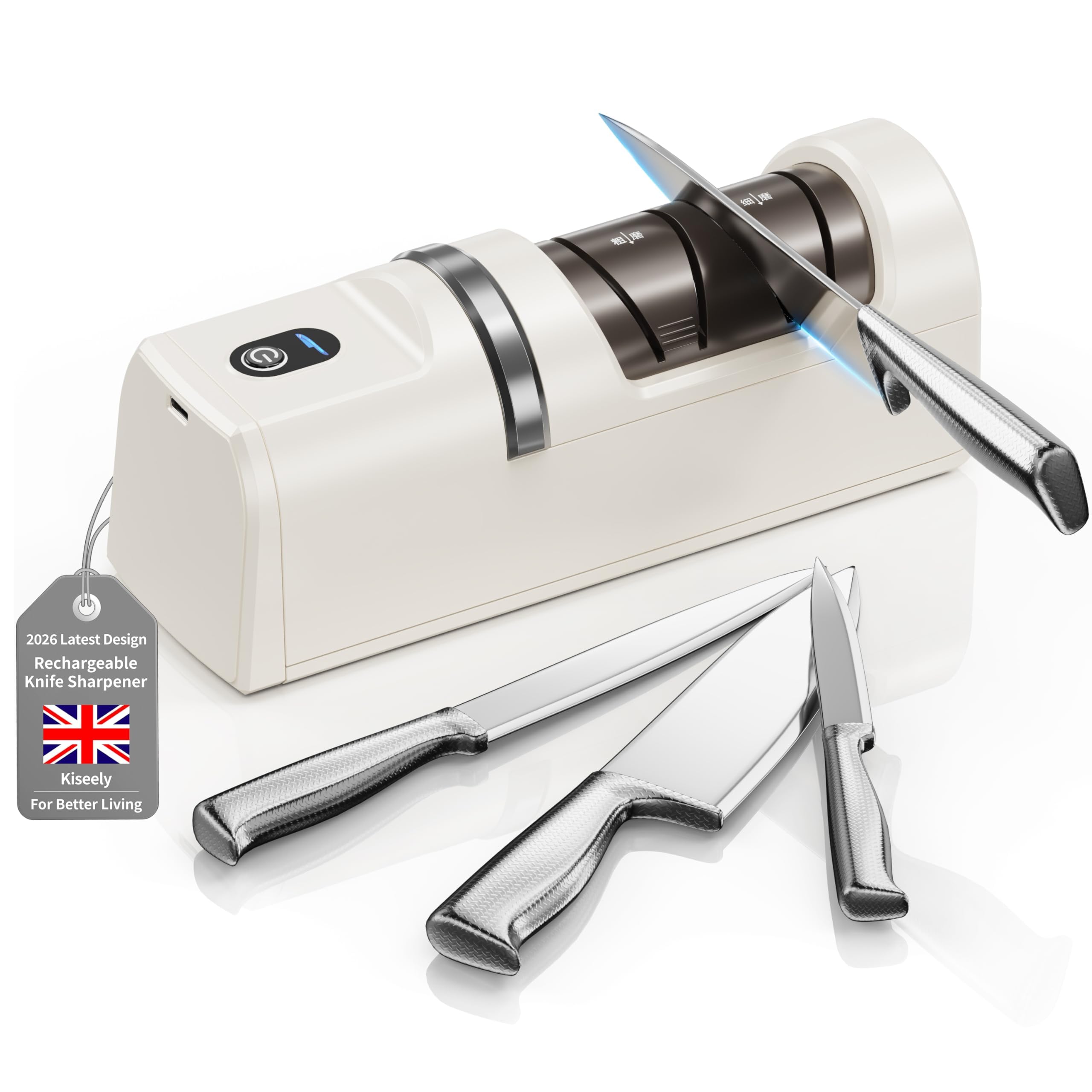 Electric Knife Sharpener, 5 in 1 Knife Sharpening System with 3 Speed Setting, Rechargeable Professional Diamond Knife Sharpener for Rough & Fine Sharpening (White DK1)