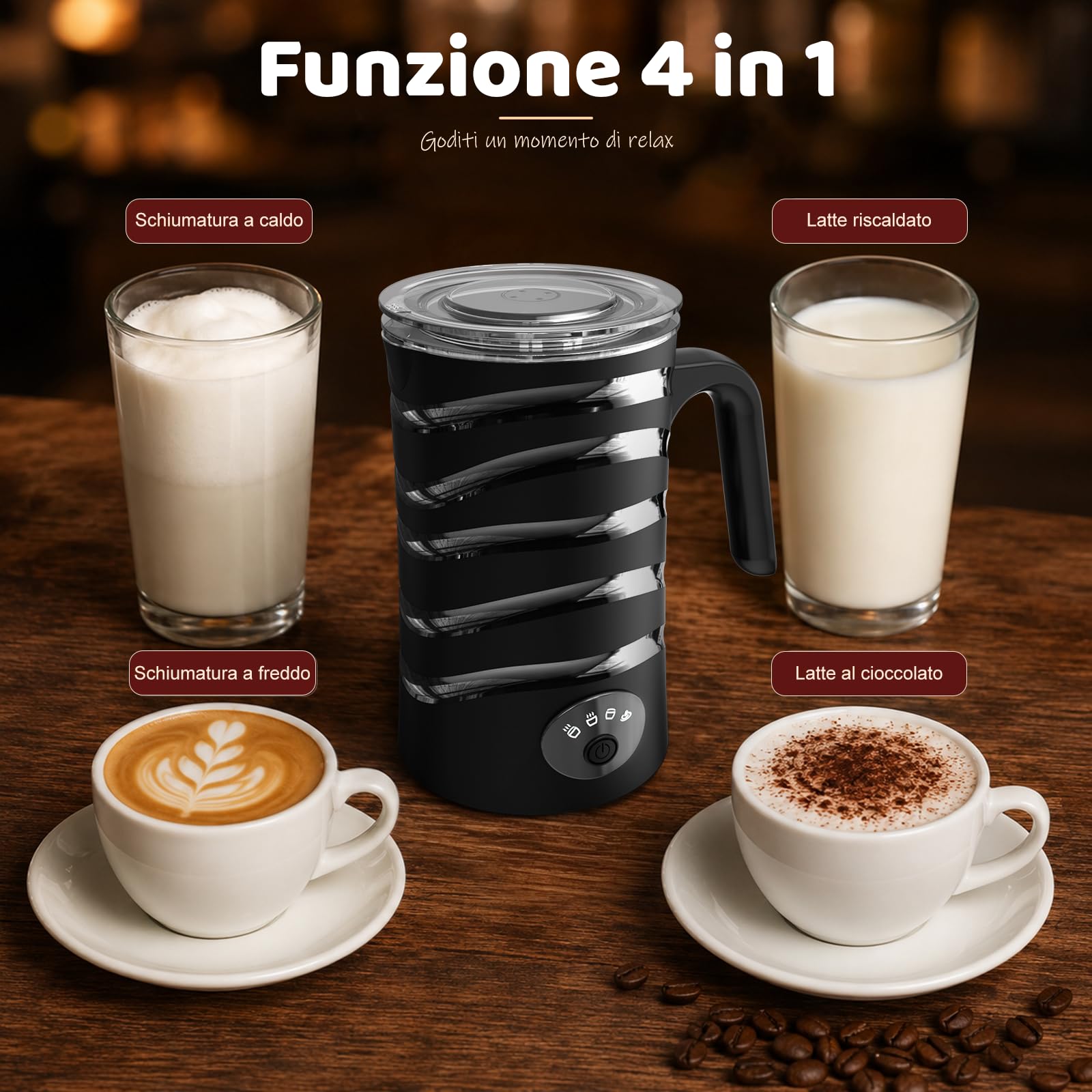 Kissleaf Montalatte Elettrico, 4-in-1 Montalatte e Scaldalatte con Manico