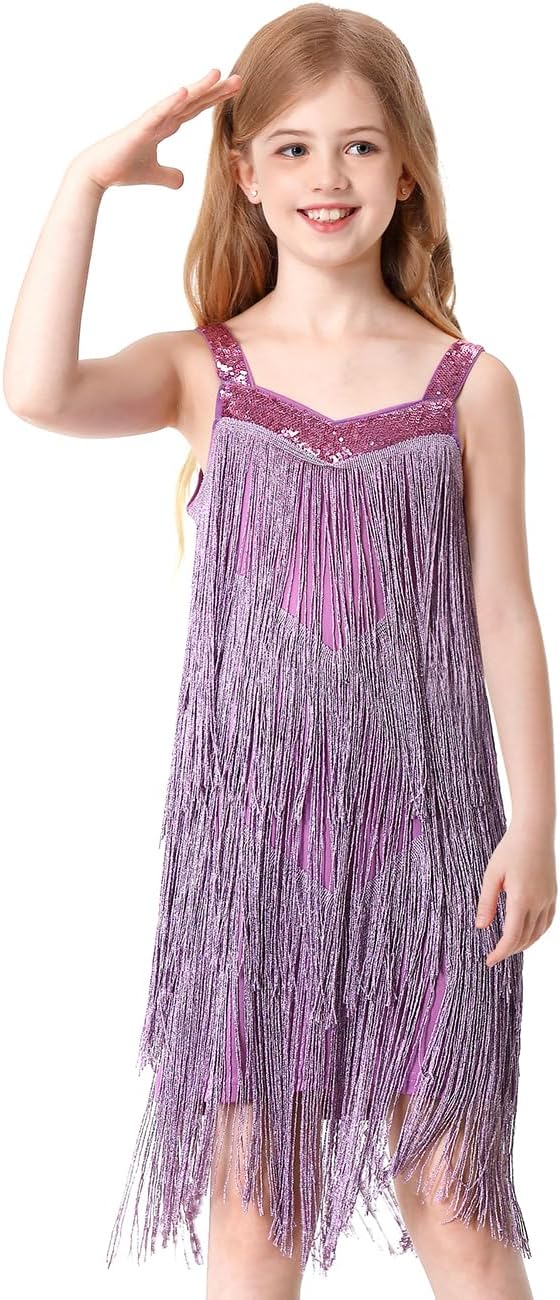 CuecutieKids Sequin Fringe Dress Sparkling Tassel Sleeveless Latin Dance Dress Salsa Dancewear Dancer Outfits for Girls