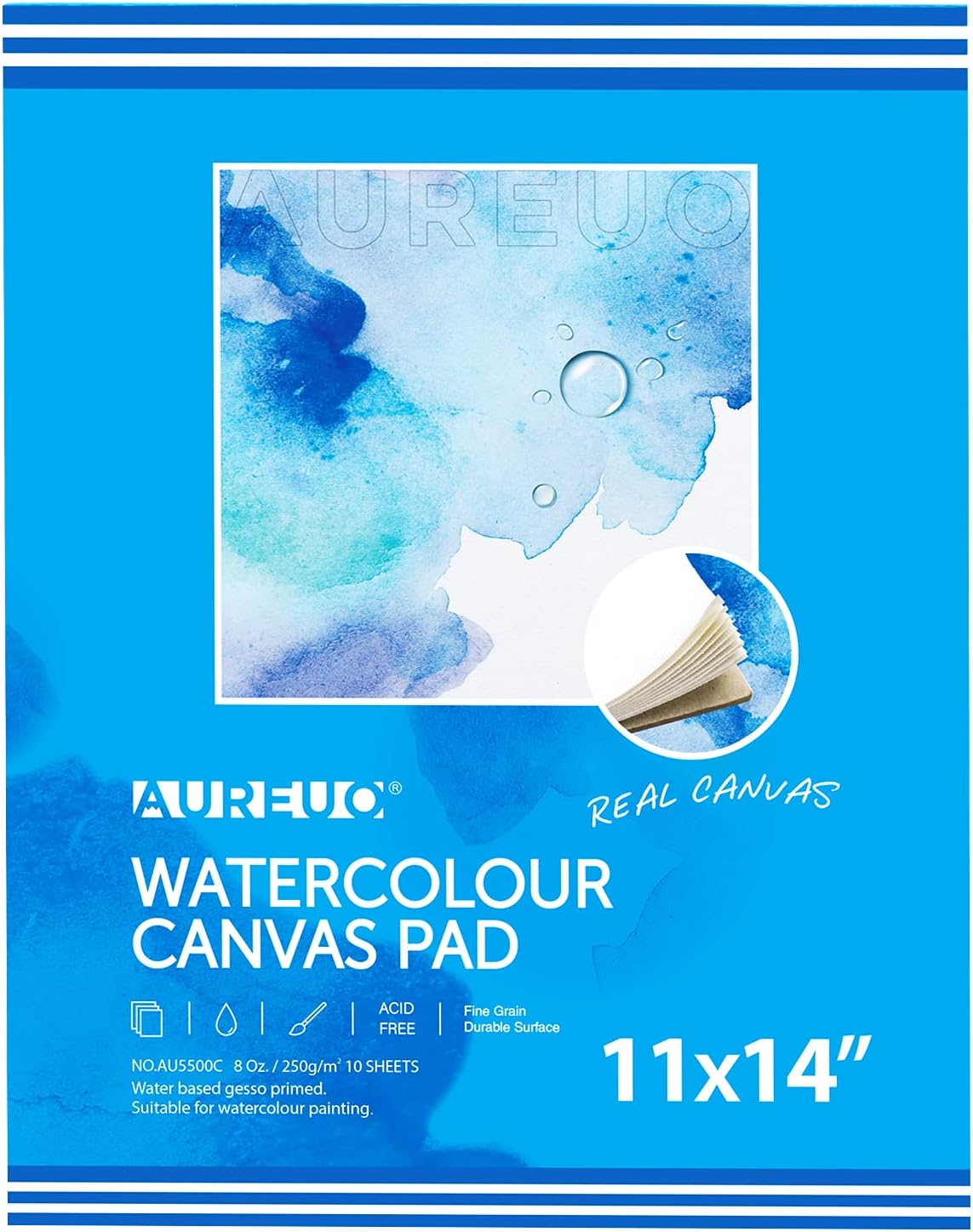 AUREUO Watercolor Canvas Pad - 11x14 Inch, 10 Sheets, 1 Pack - 270g, 100% Cotton White Blank Canvas for Watercolor Painting