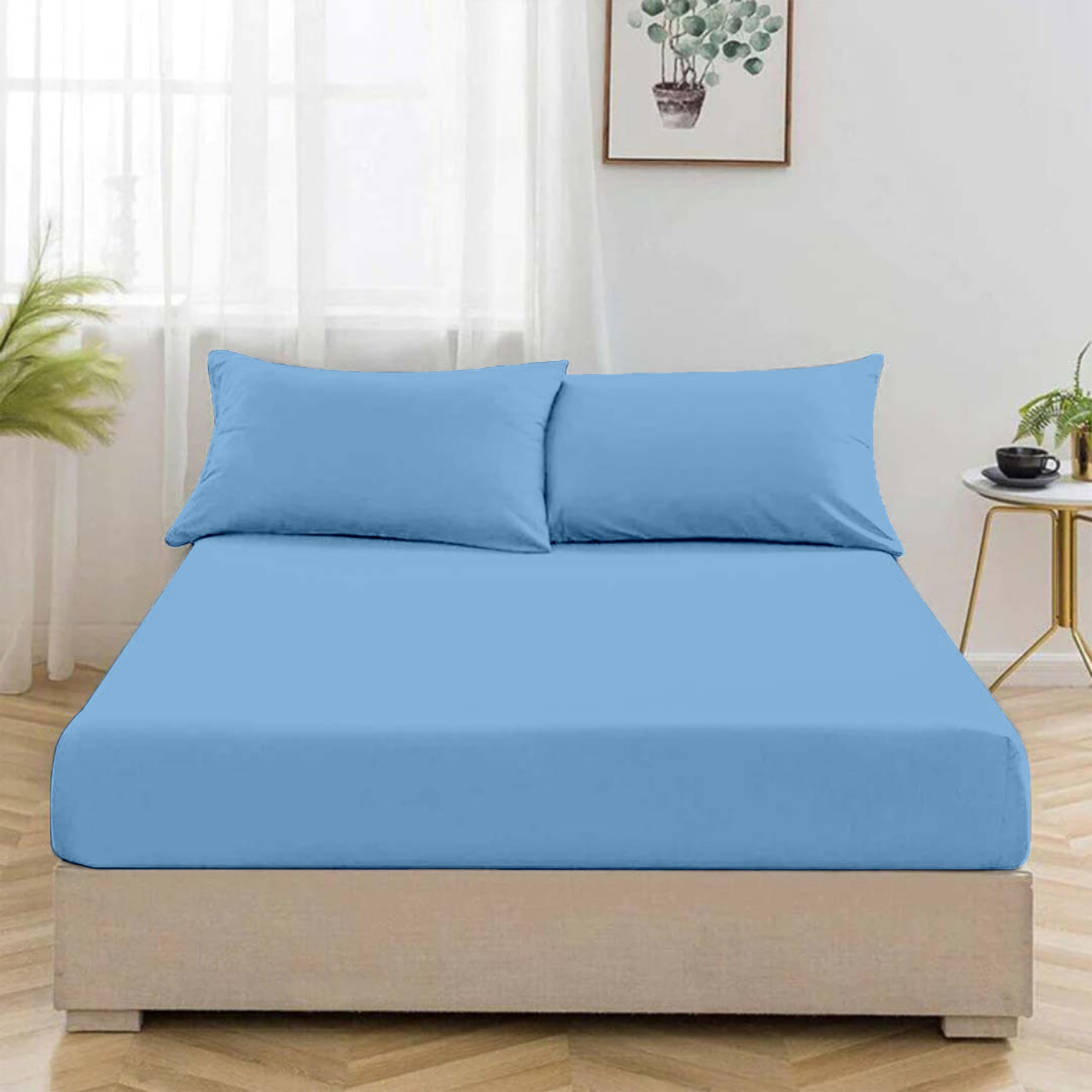 Egypto Bedding Sky Blue Egypto Percale Single Fitted Sheet - 40-Cm Extra Deep Fitted Sheet With All-Around Elastic - Breathable, Wrinkle Resistant, Anti-Allergy Bed Sheet (Single Bed Fitted Sheet, )