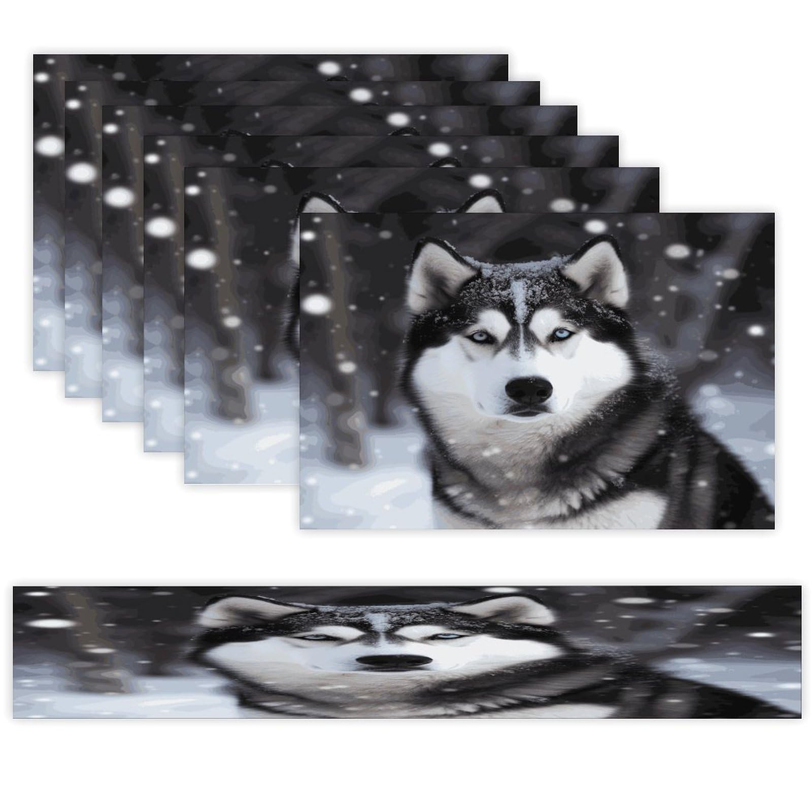 Husky in Snow Dog Table Runner and Placemats Set of 6 for Kitchen Washable Table Mats Heat Resistant Place Mats Non-Slip Place Mat Wipeable Placemat(6 Placemats+1 Table Runner)