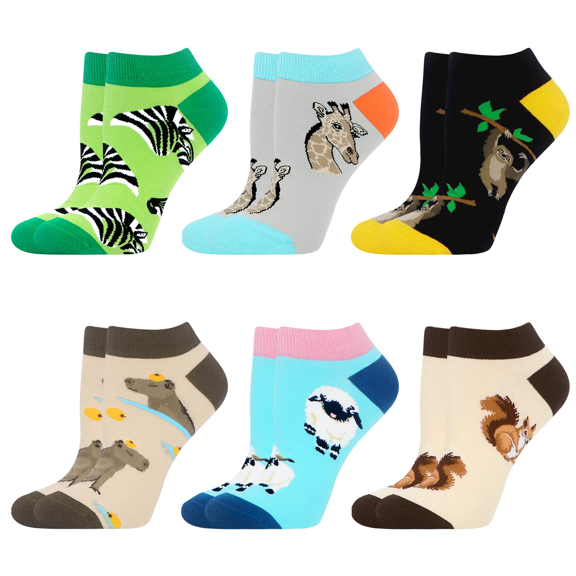 WeciBor Damen Lustige Bunte Sneaker Kurze Socken, 6 Paar Mehrfarbig Tier, Größe 39-42
