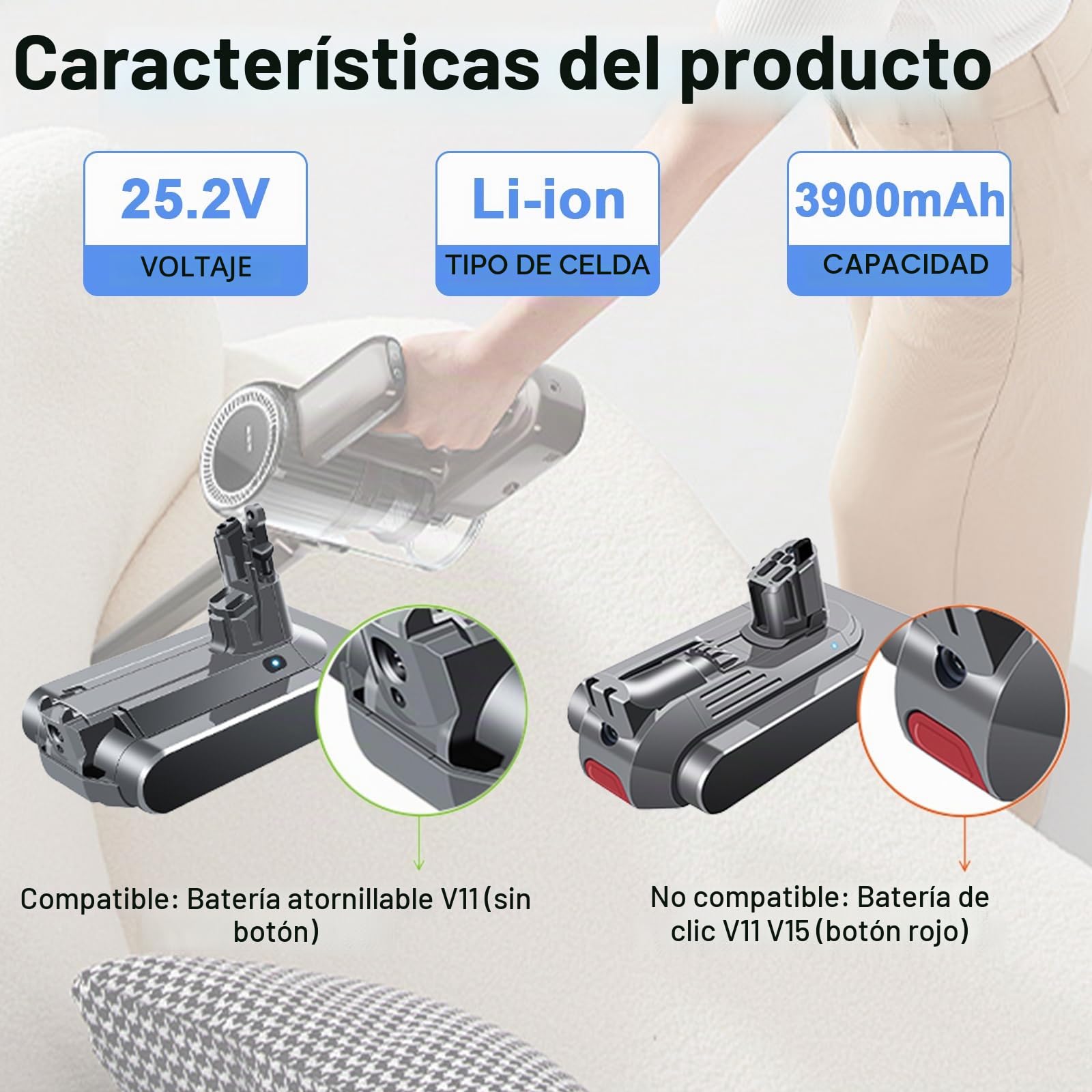 Batería Mejorada V11 SV14 de 25,2 V y 3900 mAh, Compatible con aspiradora inalámbrica Dyson V11 (de Rosca) SV14 Absolute Complete Fluffy con Funda (no Compatible con Modelos con botón)