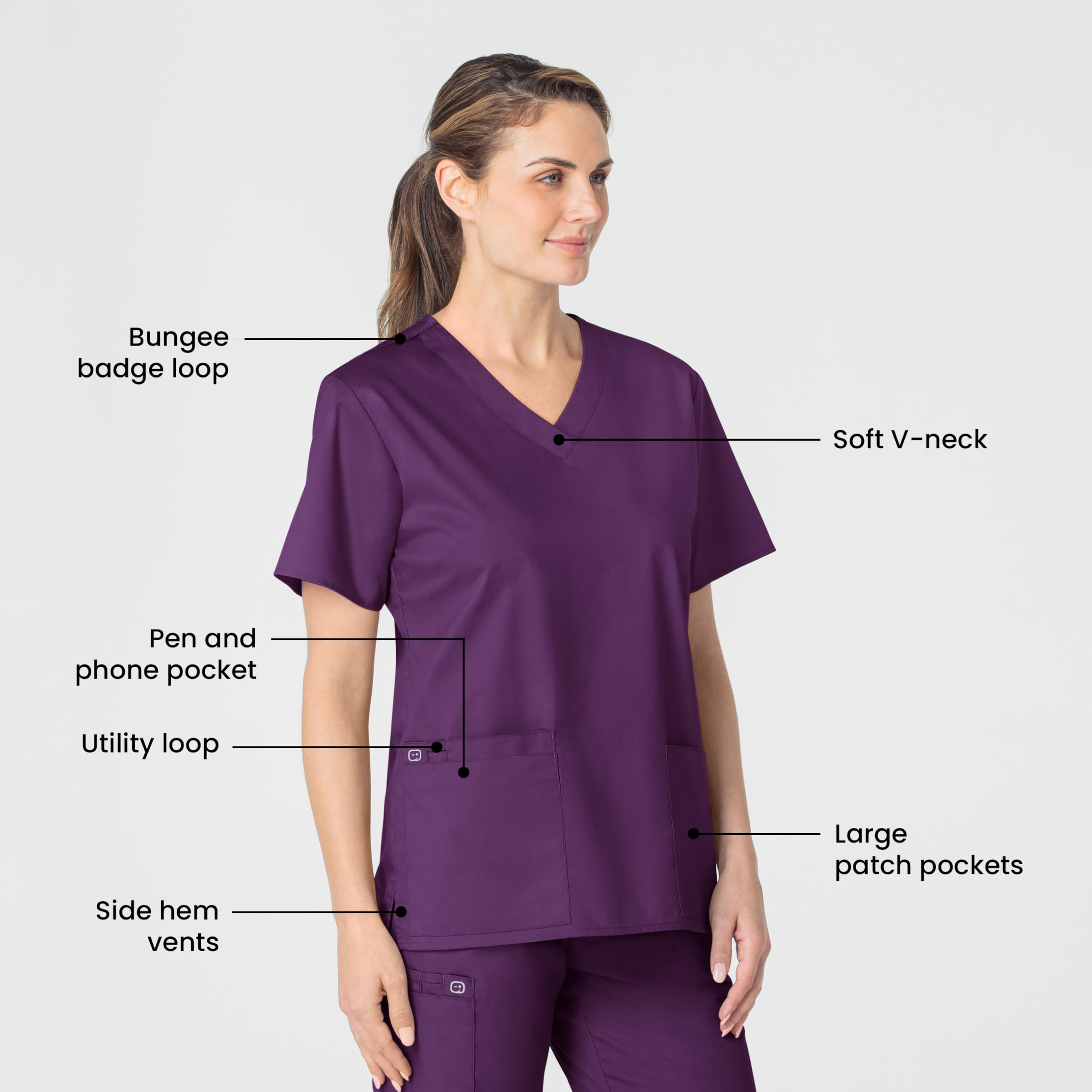 WonderWink Women's Wonderwork V-Neck Scrub Top, Eggplant, 3X-Large