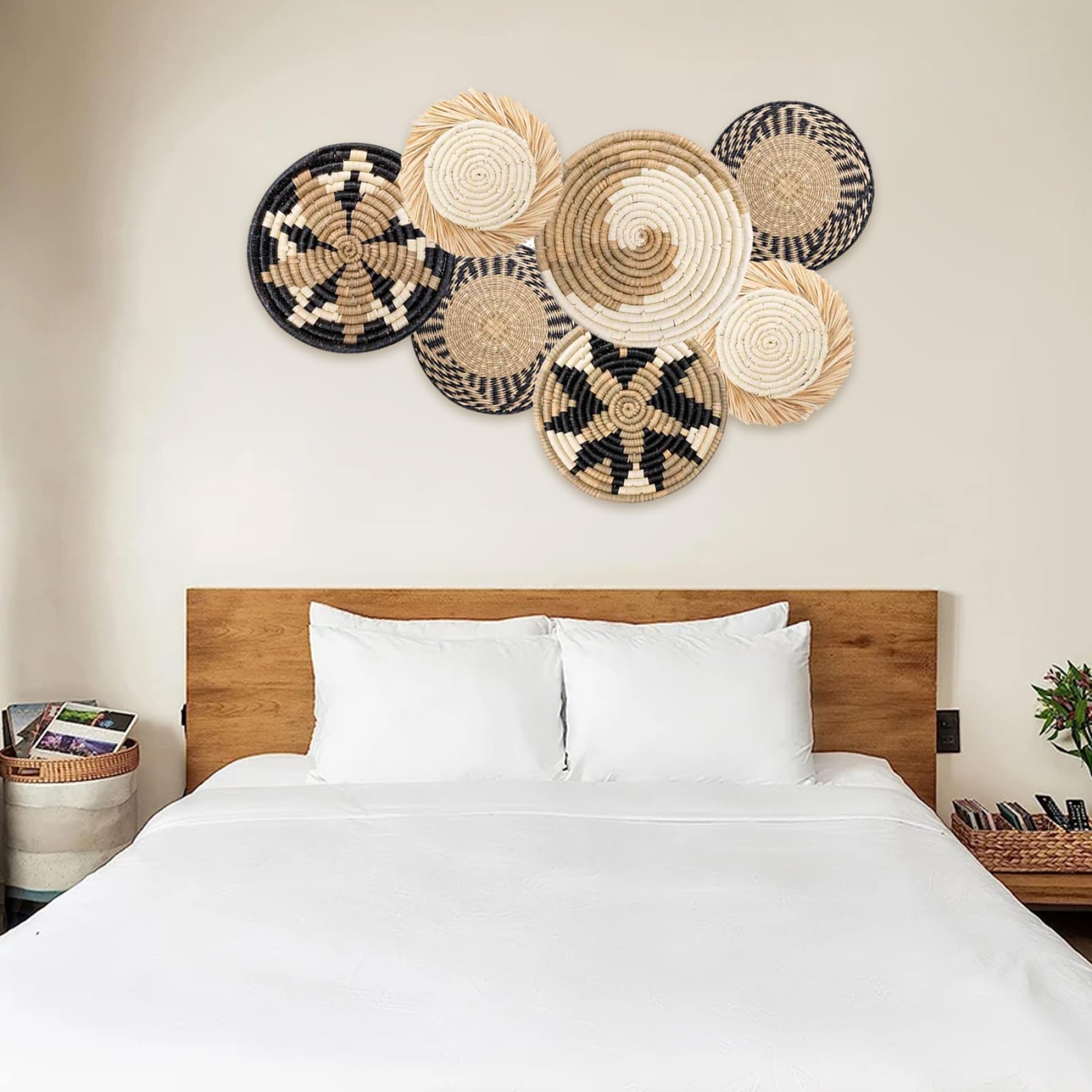 Lot De 7 Paniers Tissés à Suspendre - 100 % Jonc De Mer Fabriqués à La Main - Décoration Murale