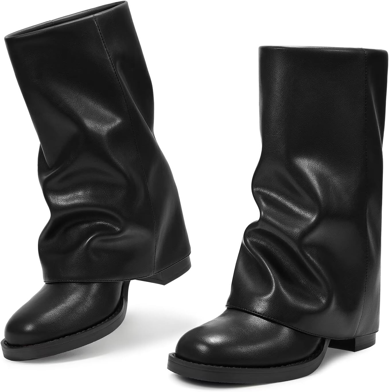 ISNOM Womens Black Boots - Mid Calf Fold Over Chunky High Heel Boots for Women With Side Zipper PU Leather Womens Shark Boot Calf High Square Toe Slouchy Boot for Women - Image 4